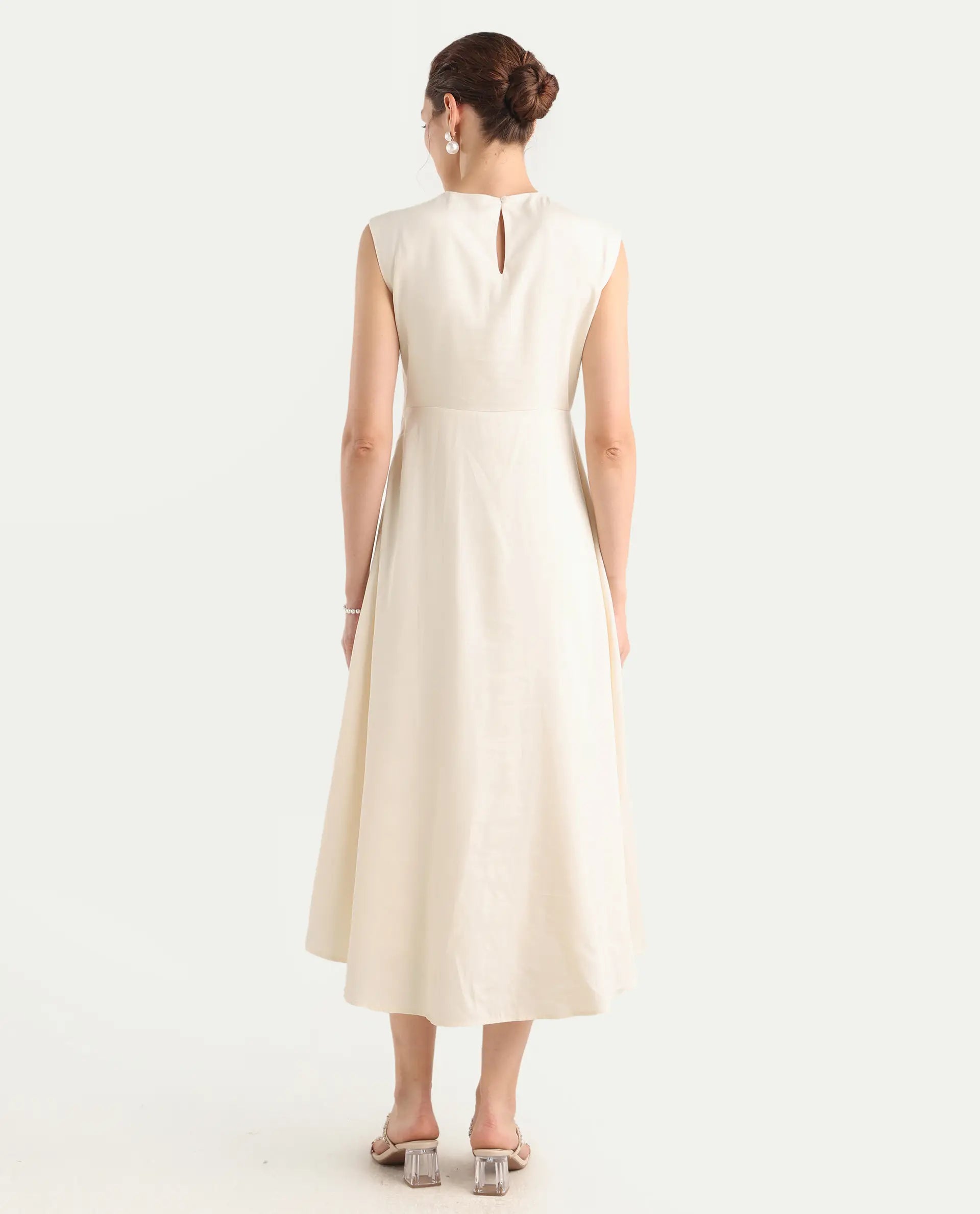 Rareism Women's Jio Off-White Cotton Blend Plain Fit And Flare Dress