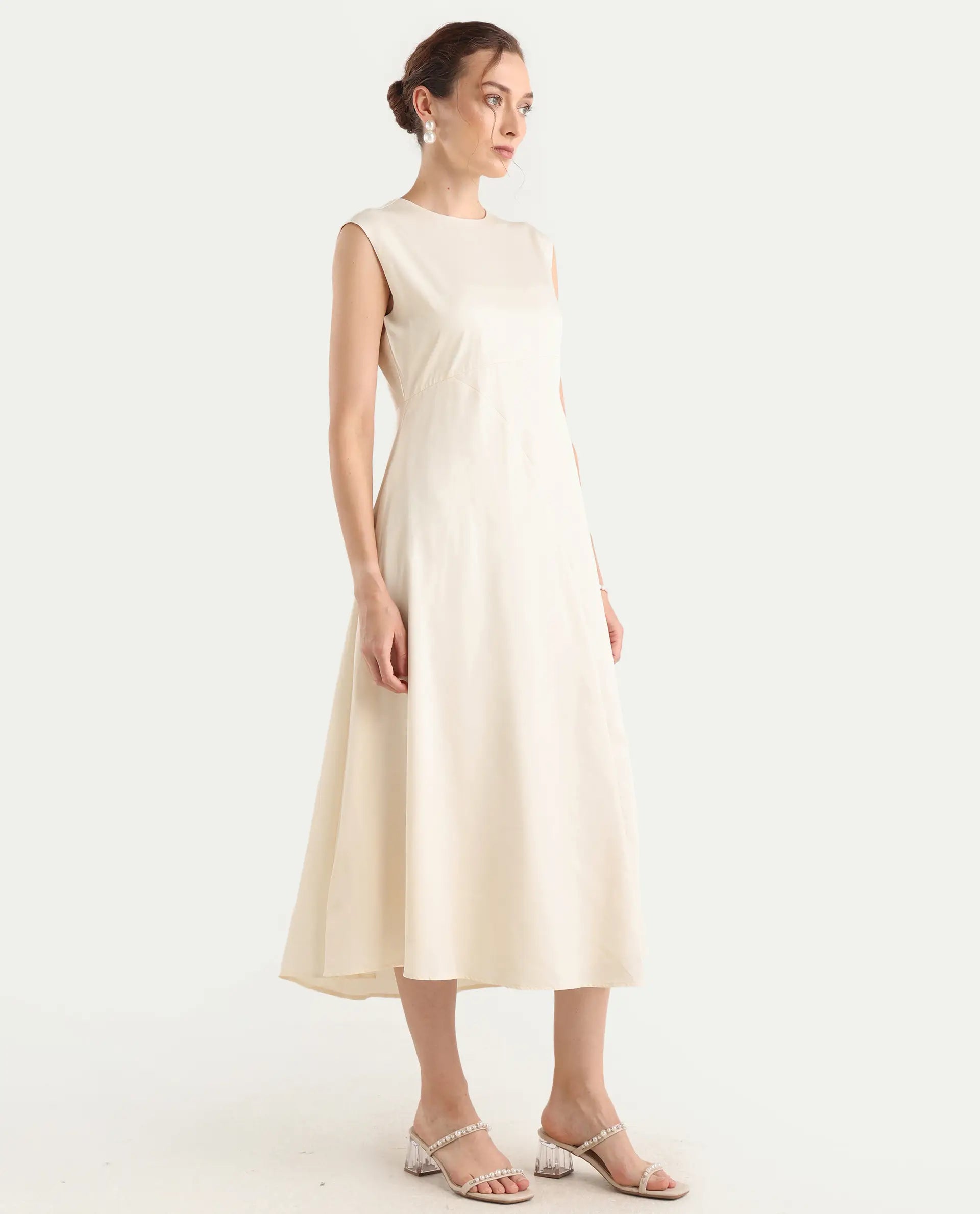 Rareism Women's Jio Off-White Cotton Blend Plain Fit And Flare Dress
