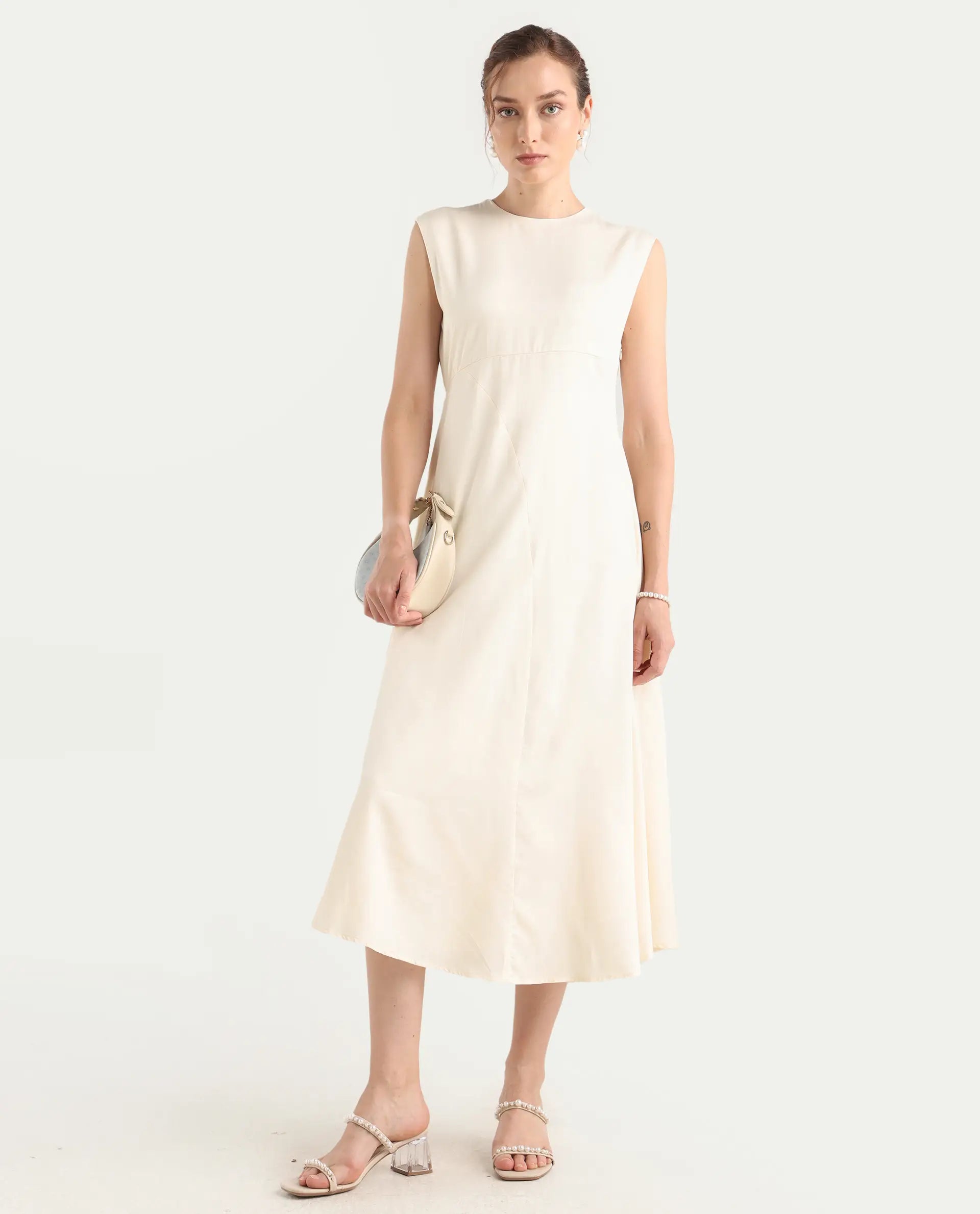 Rareism Women's Jio Off-White Cotton Blend Plain Fit And Flare Dress