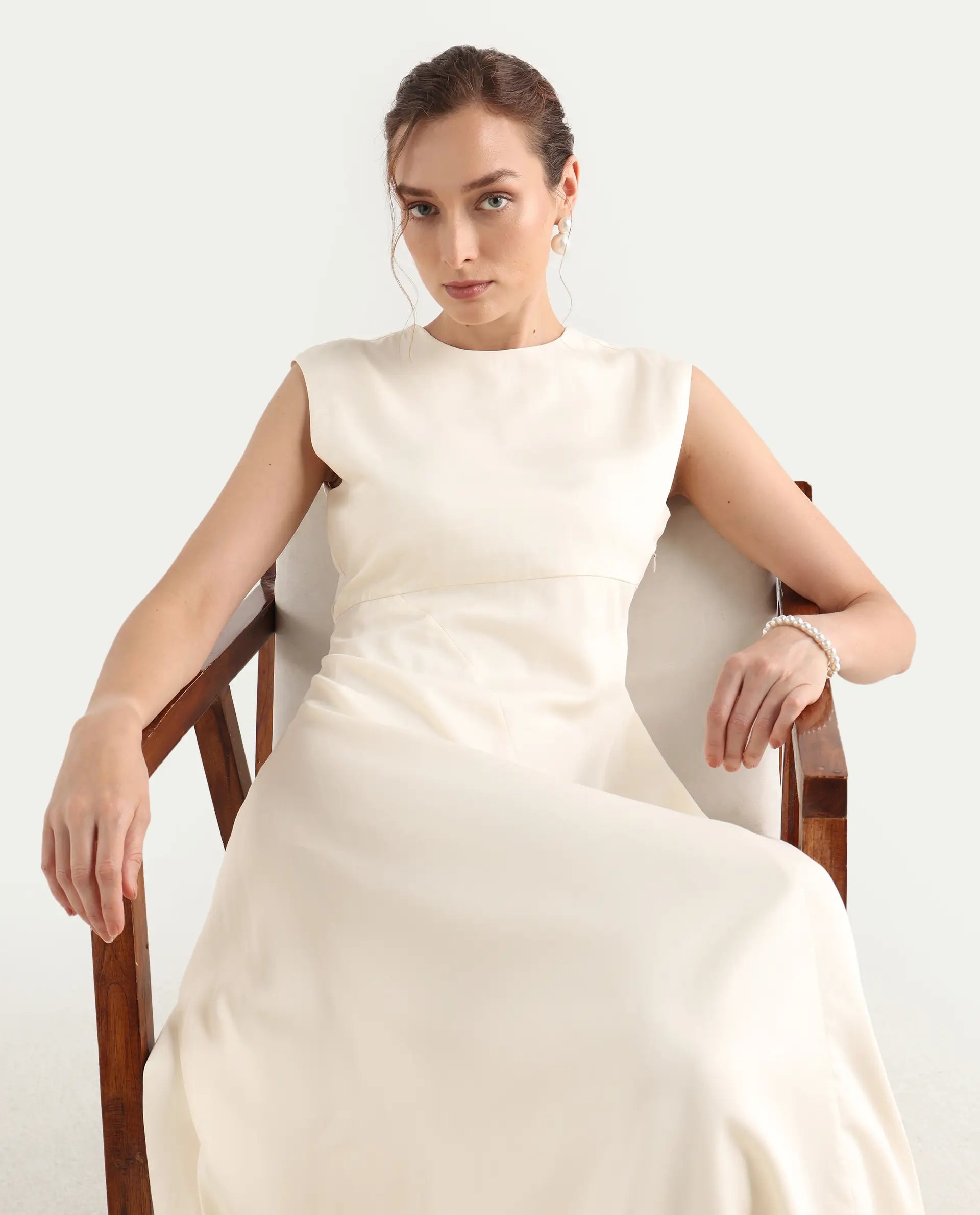 Rareism Women's Jio Off-White Cotton Blend Plain Fit And Flare Dress