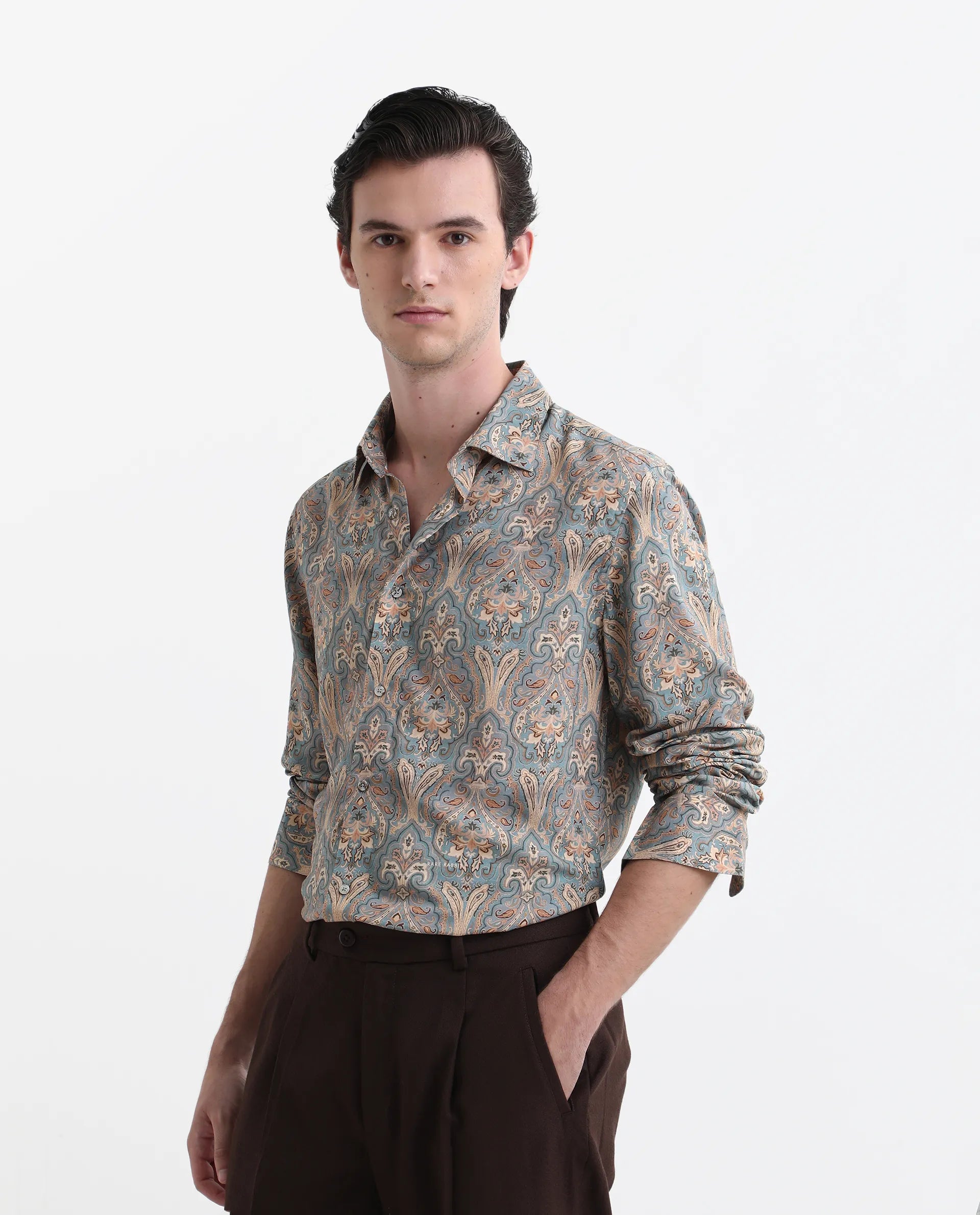 Rare Rabbit Men's Jirla Dusky Blue Viscose Paisley Print Regular Fit Full Sleeve Collared Shirt