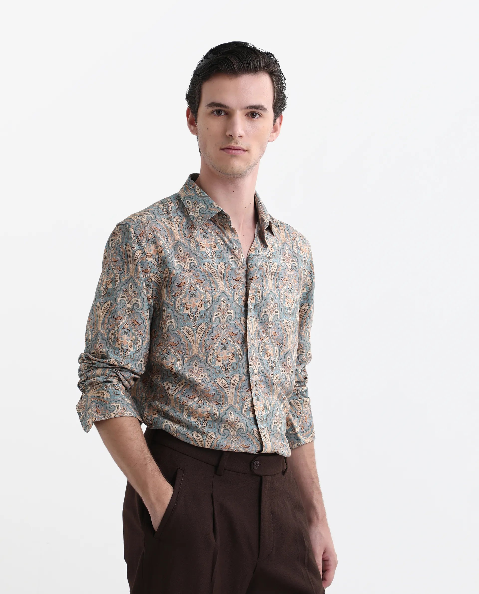 Rare Rabbit Men's Jirla Dusky Blue Viscose Paisley Print Regular Fit Full Sleeve Collared Shirt