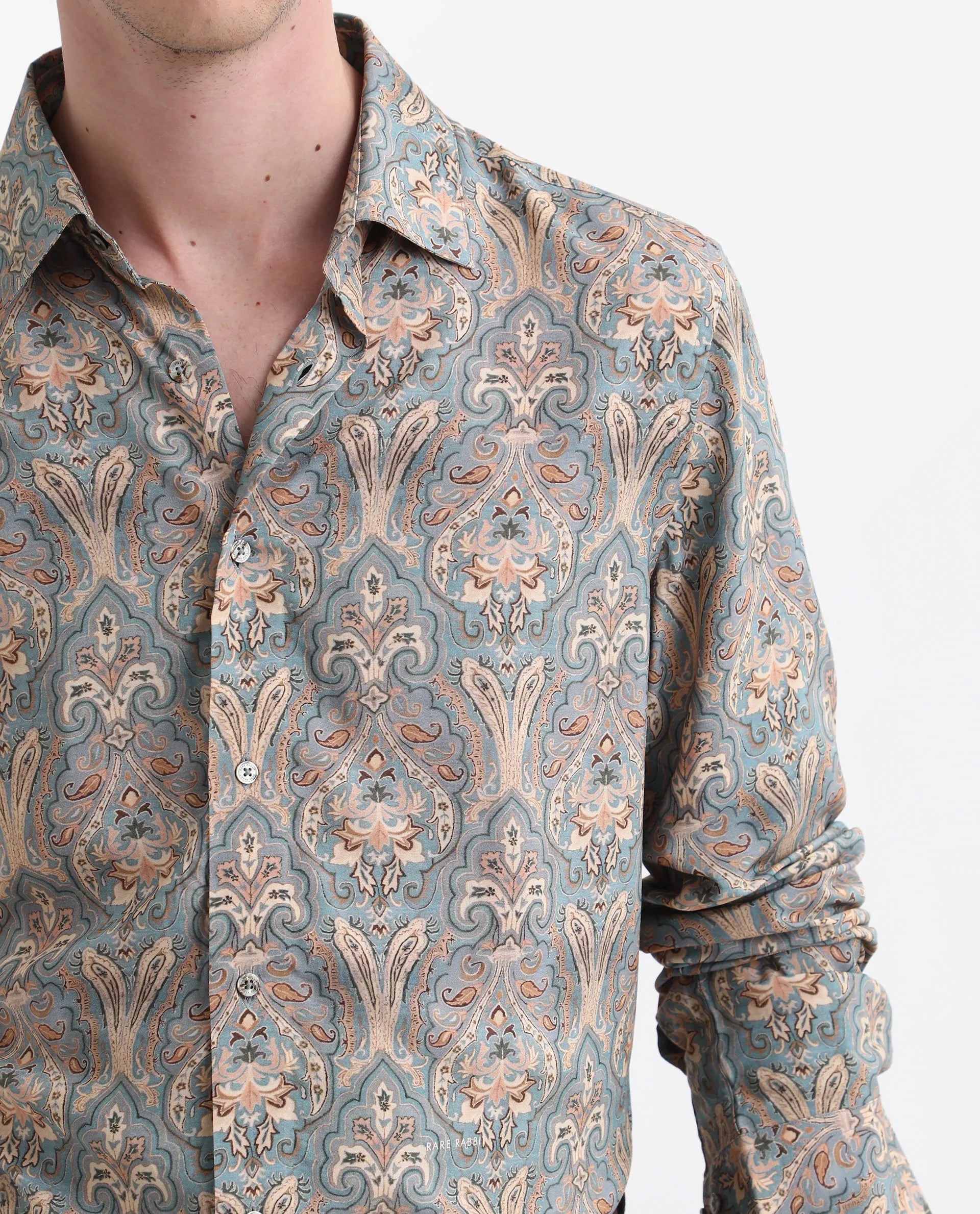 Rare Rabbit Men's Jirla Dusky Blue Viscose Paisley Print Regular Fit Full Sleeve Collared Shirt