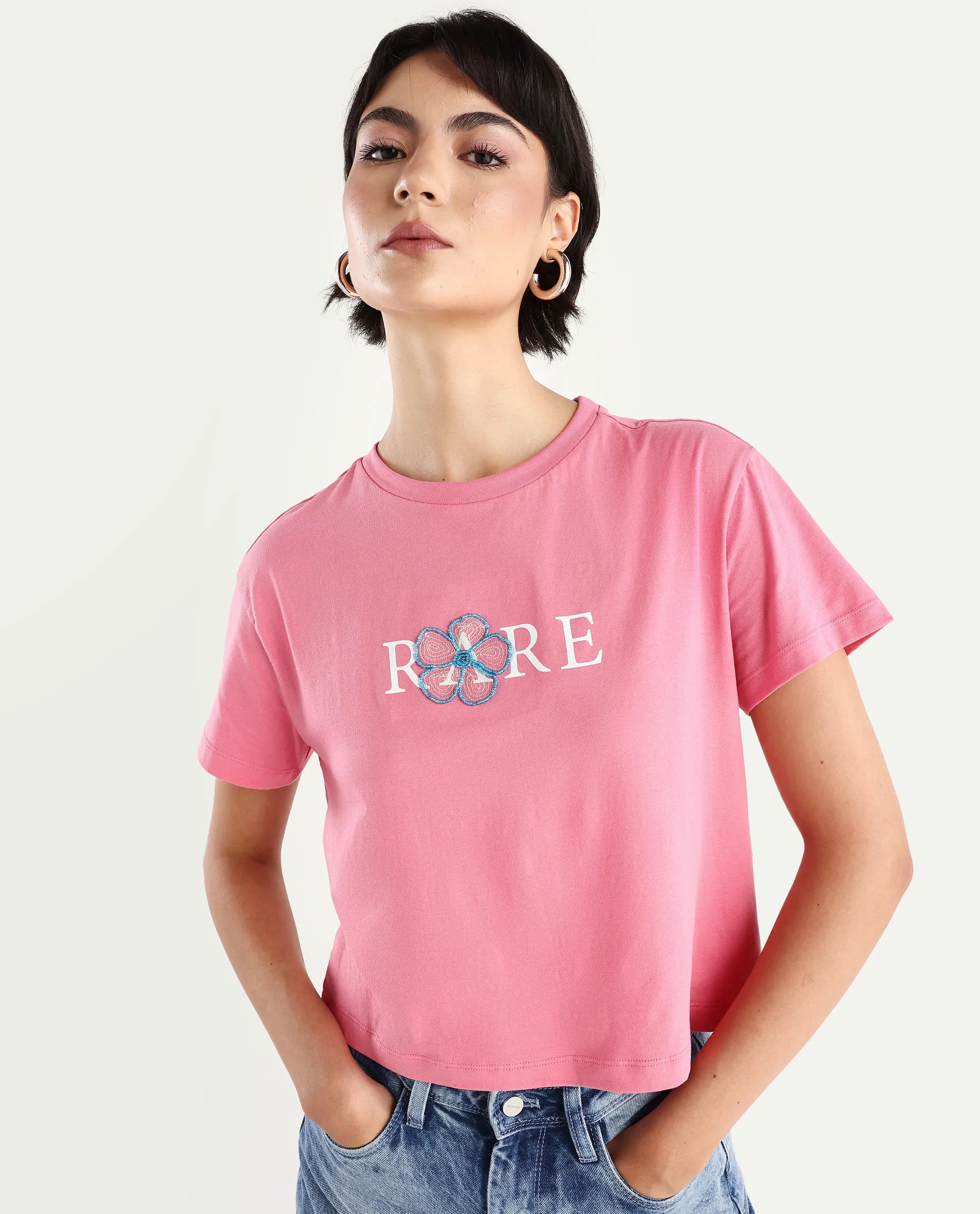 Rareism Women's Jiver Light Pink Cotton Blend Crew Neck Graphic Print Crop Relaxed Fit T-Shirt