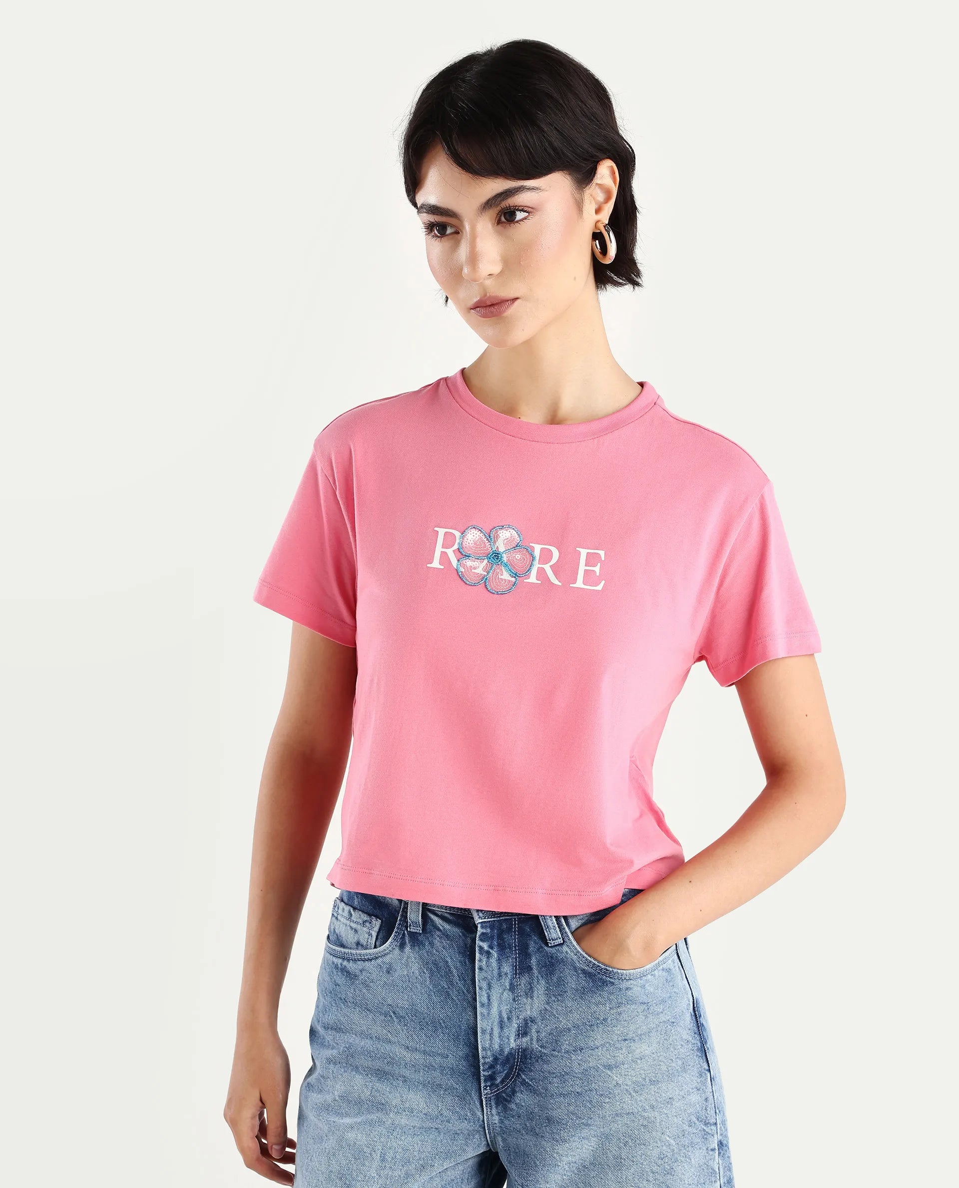 Rareism Women's Jiver Light Pink Cotton Blend Crew Neck Graphic Print Crop Relaxed Fit T-Shirt