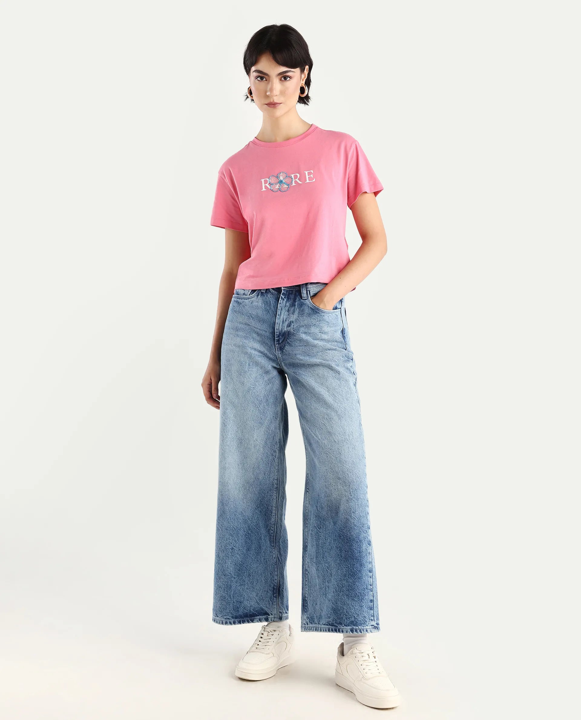 Rareism Women's Jiver Light Pink Cotton Blend Crew Neck Graphic Print Crop Relaxed Fit T-Shirt