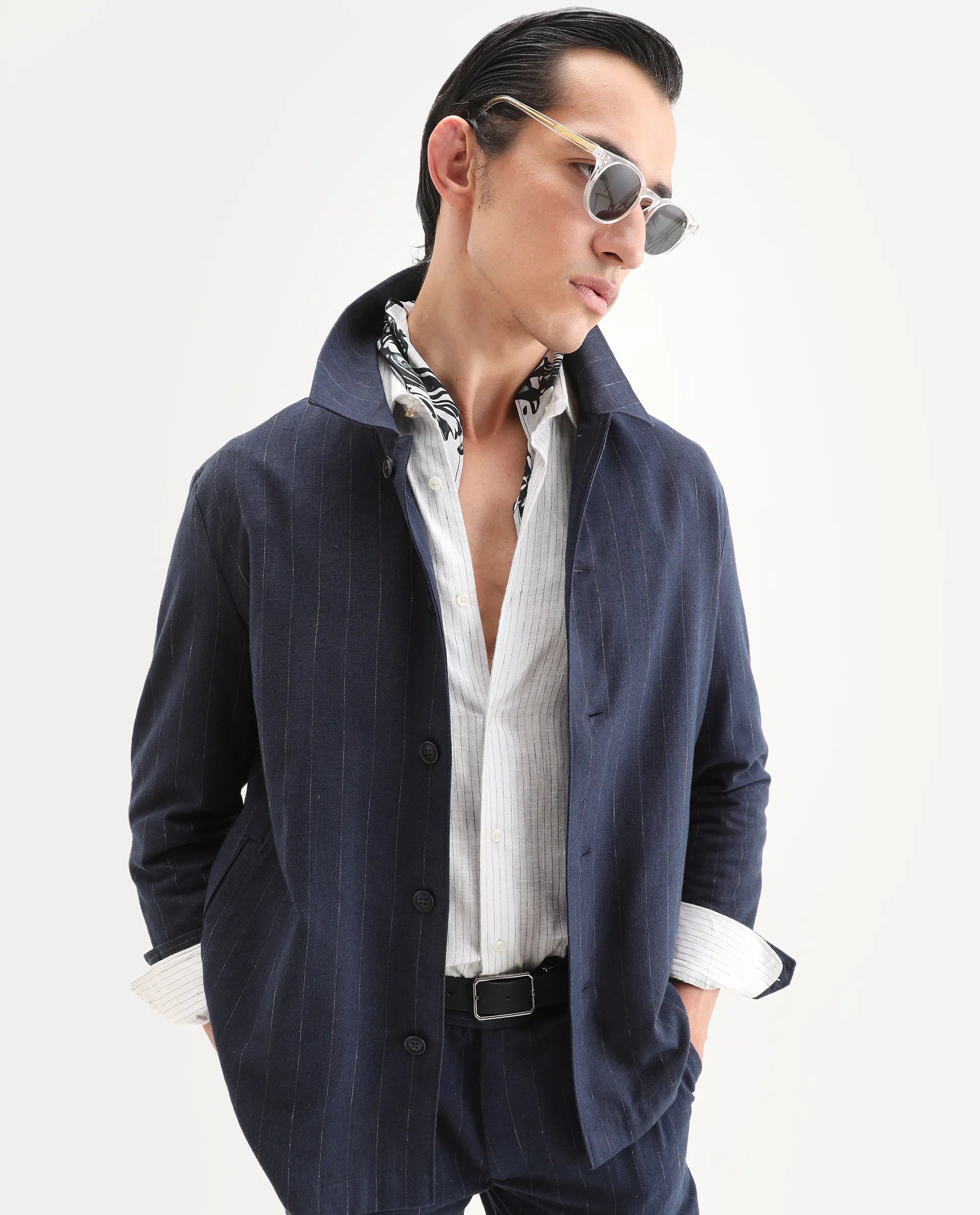 Rare Rabbit Men's Jlo-T Blue Linen Blend Fabric Full Sleeve Collared Neck Regular Fit Striped Shirt