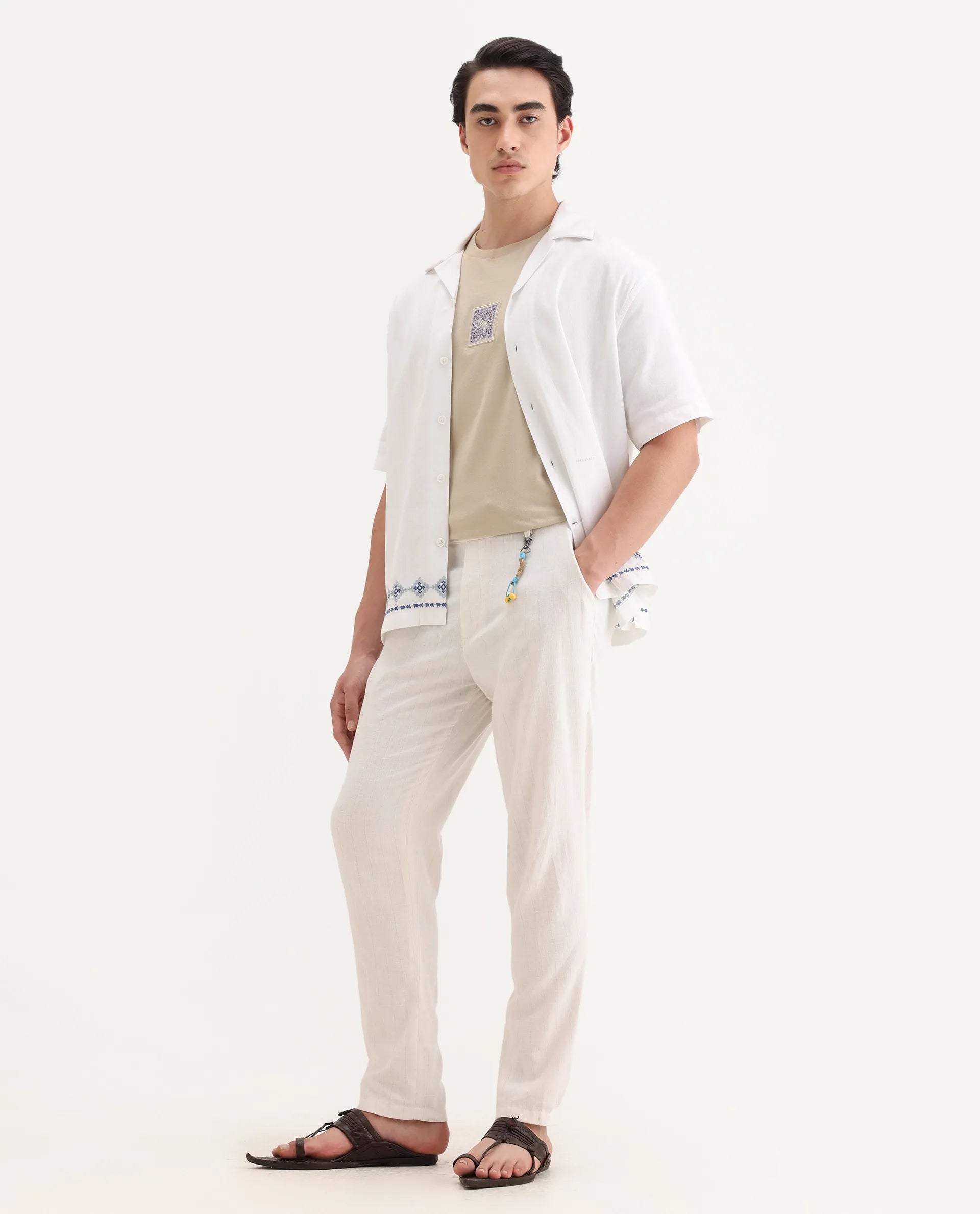 Rare Rabbit Men's Jlo Beige Cotton Blend Plain Relaxed Fit Trouser