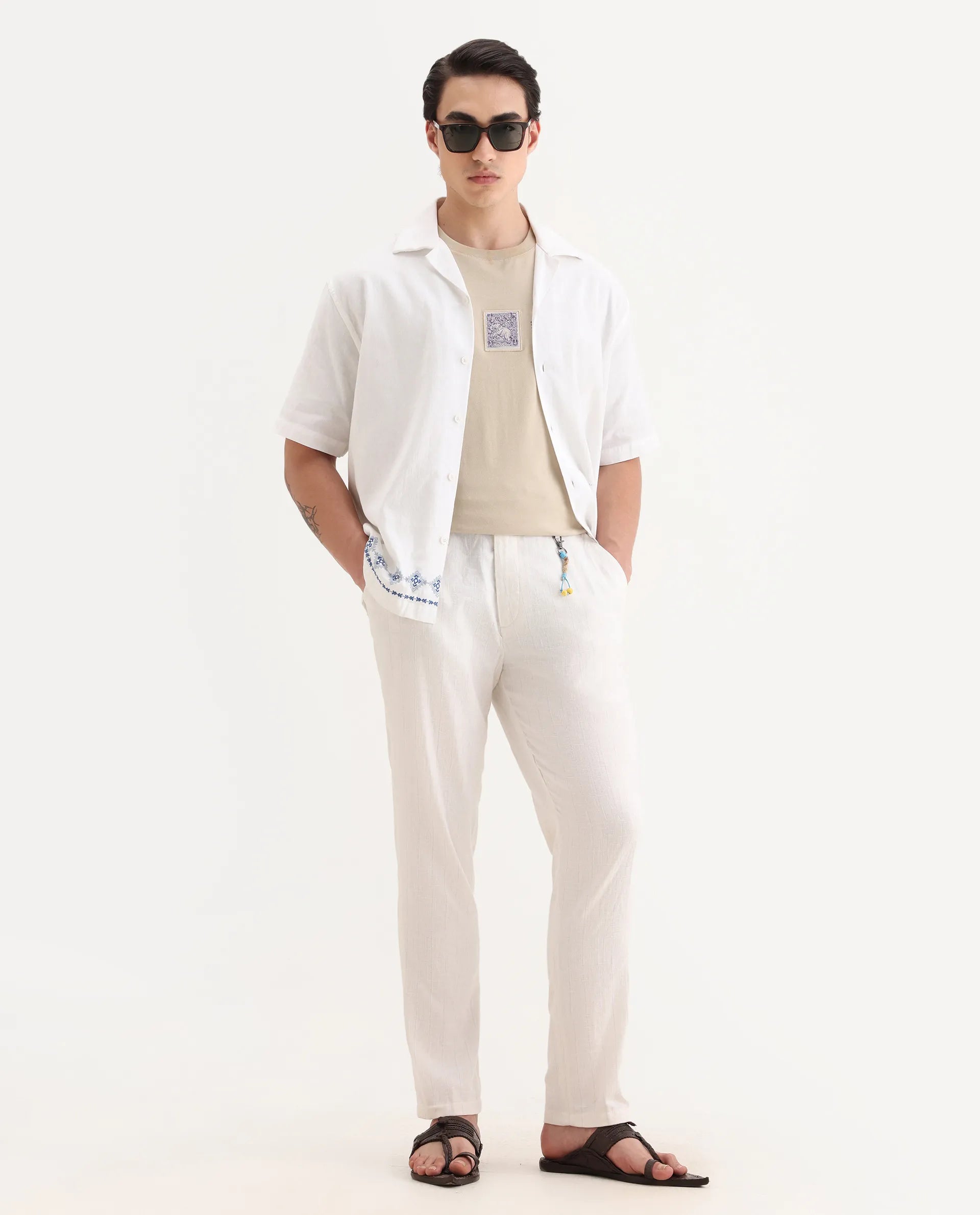 Rare Rabbit Men's Jlo Beige Cotton Blend Plain Relaxed Fit Trouser