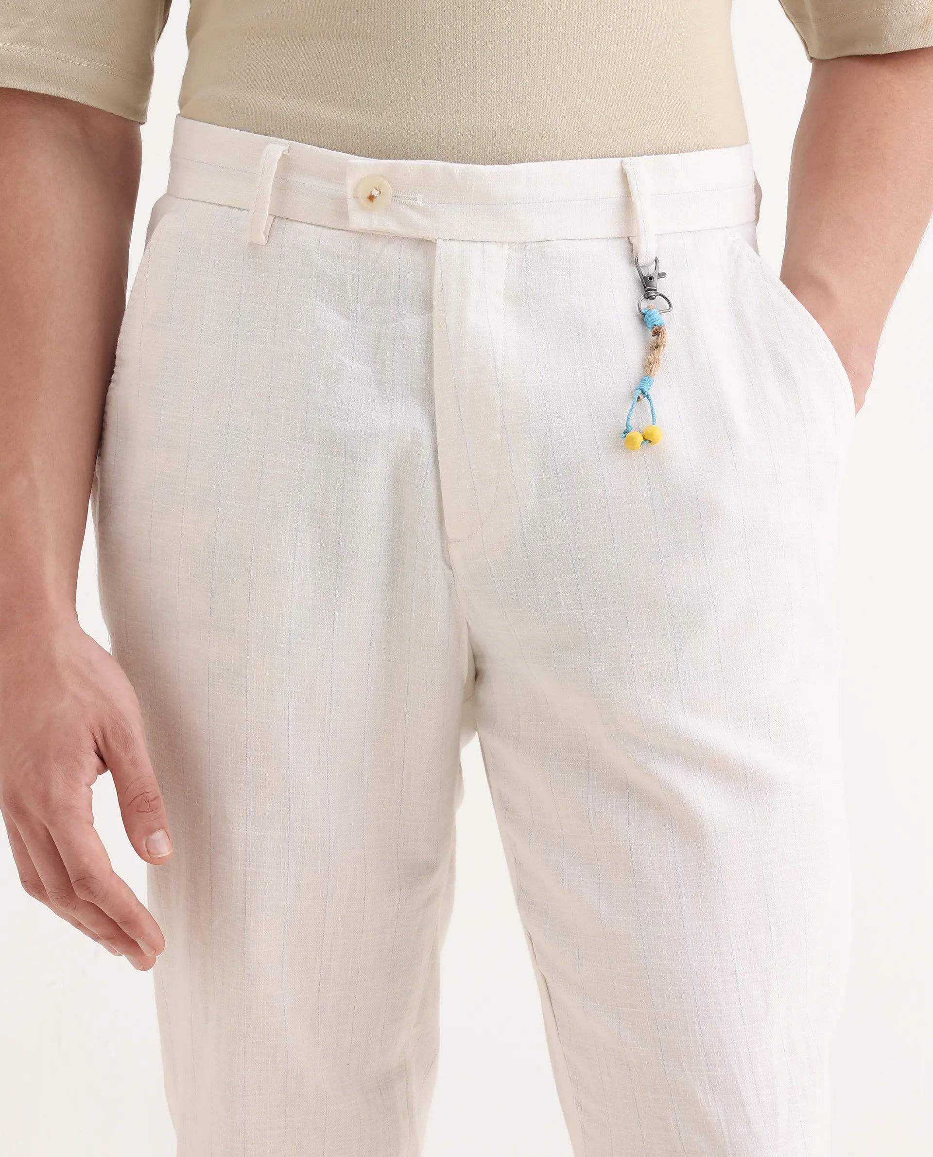 Rare Rabbit Men's Jlo Beige Cotton Blend Plain Relaxed Fit Trouser