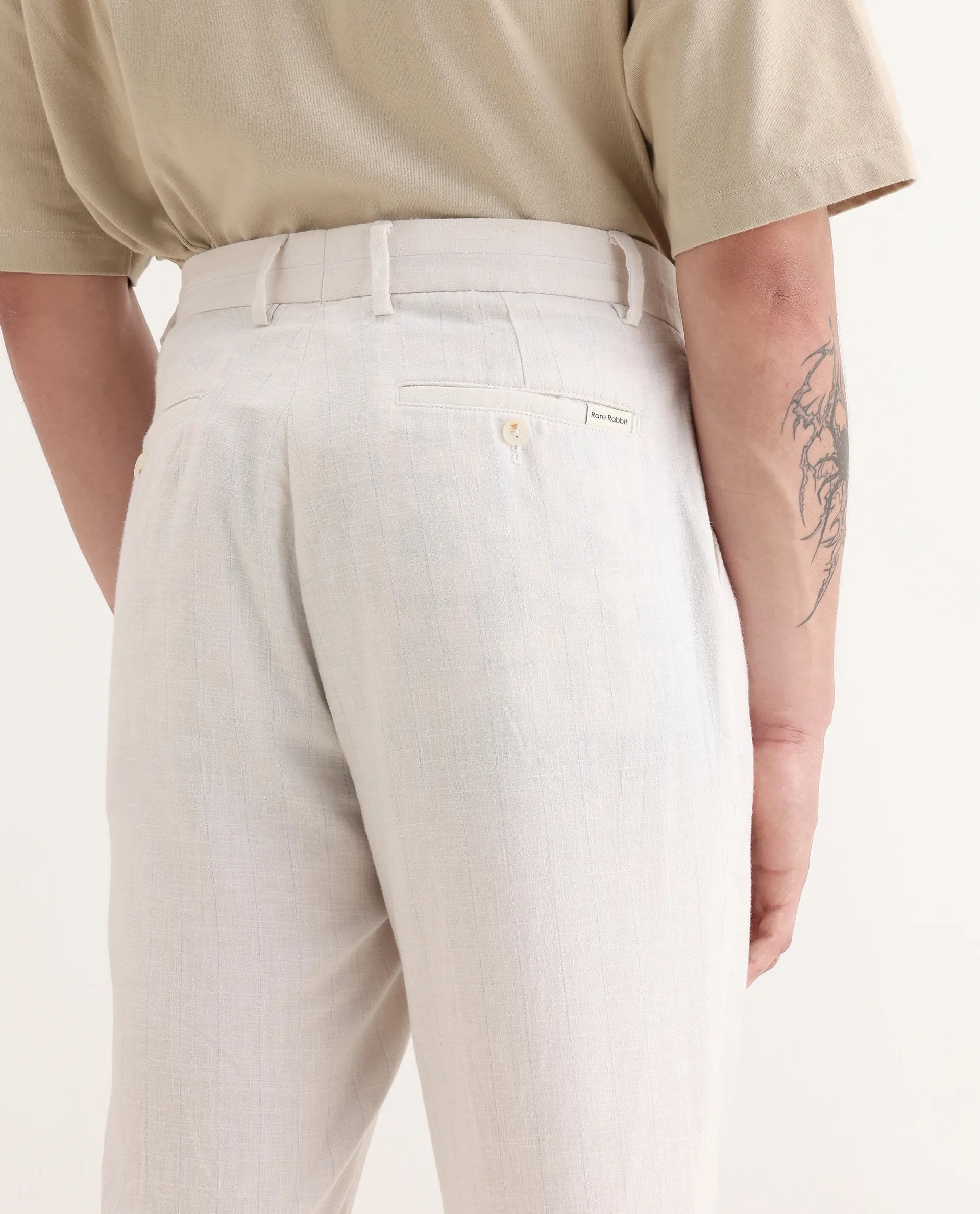 Rare Rabbit Men's Jlo Beige Cotton Blend Plain Relaxed Fit Trouser