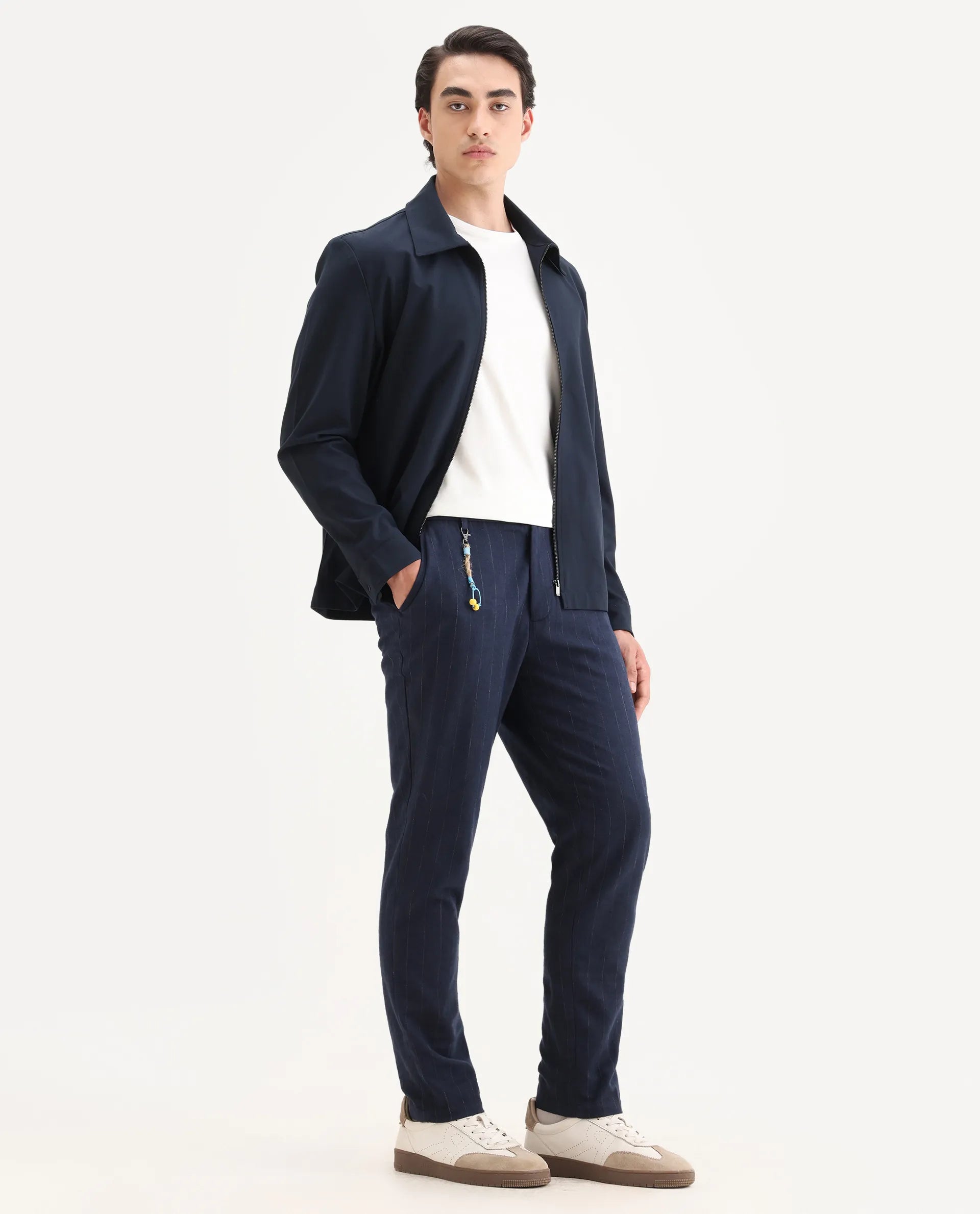 Rare Rabbit Men's Jlo Blue Cotton Blend Striped Print Relaxed Fit Trouser