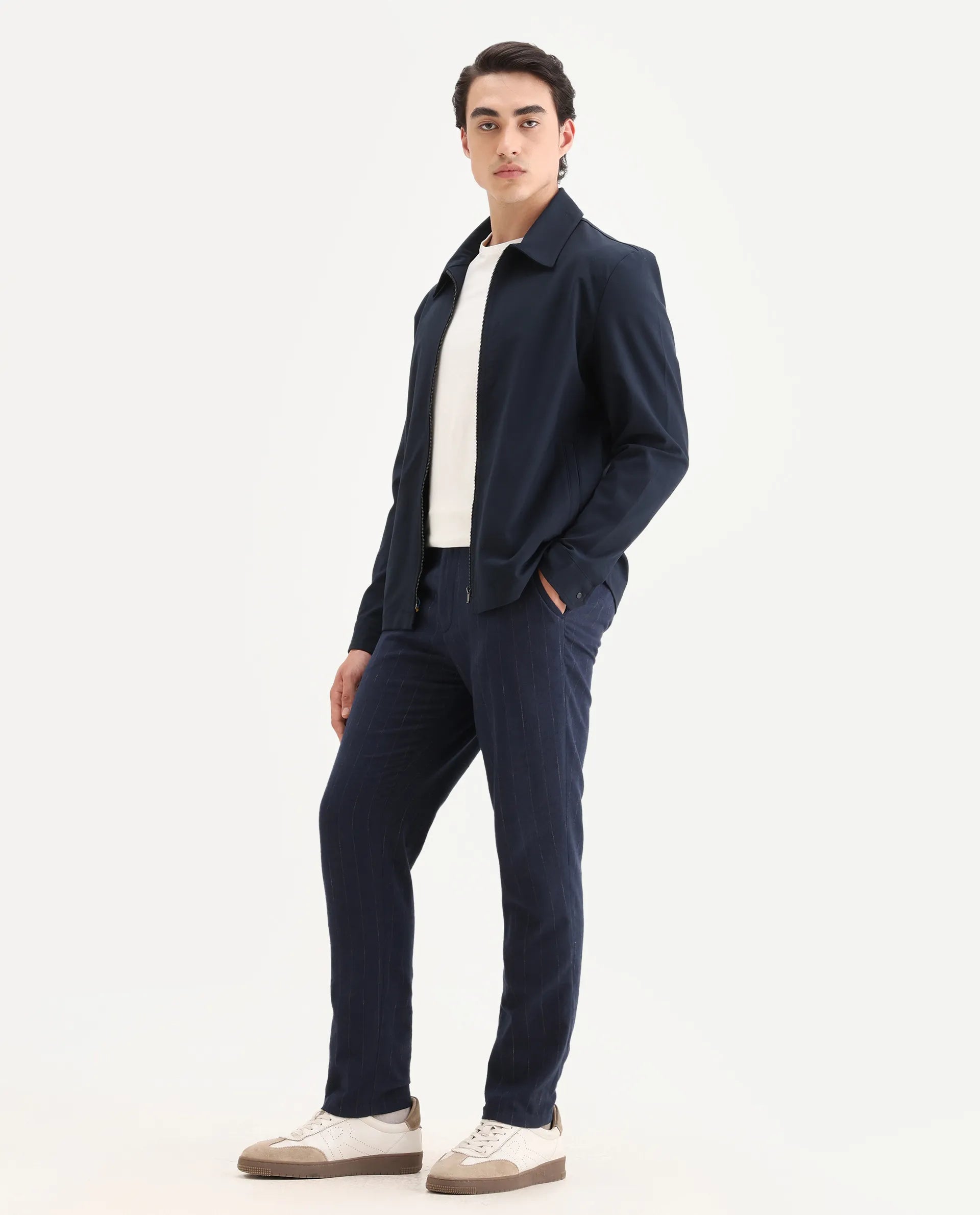 Rare Rabbit Men's Jlo Blue Cotton Blend Striped Print Relaxed Fit Trouser