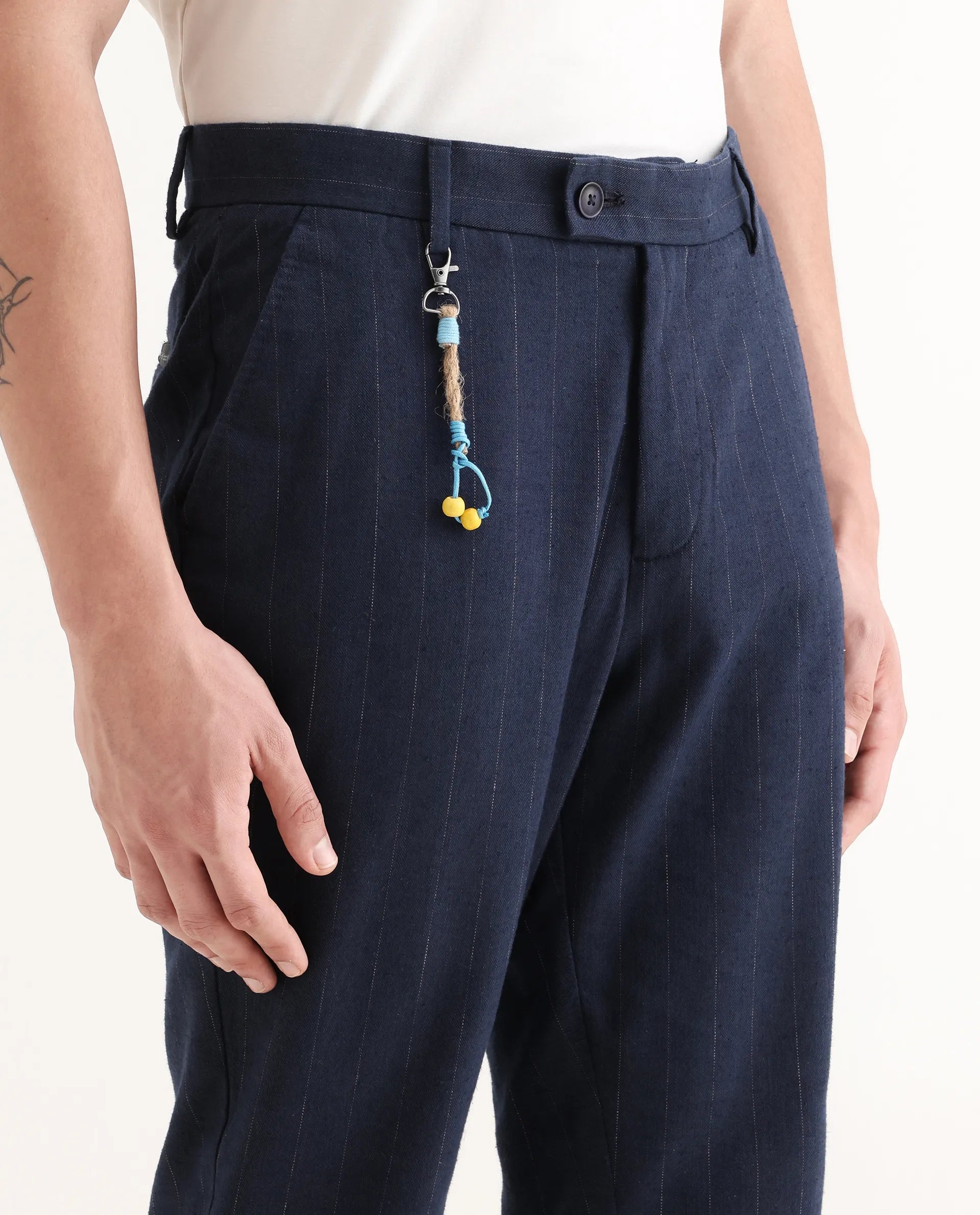 Rare Rabbit Men's Jlo Blue Cotton Blend Striped Print Relaxed Fit Trouser