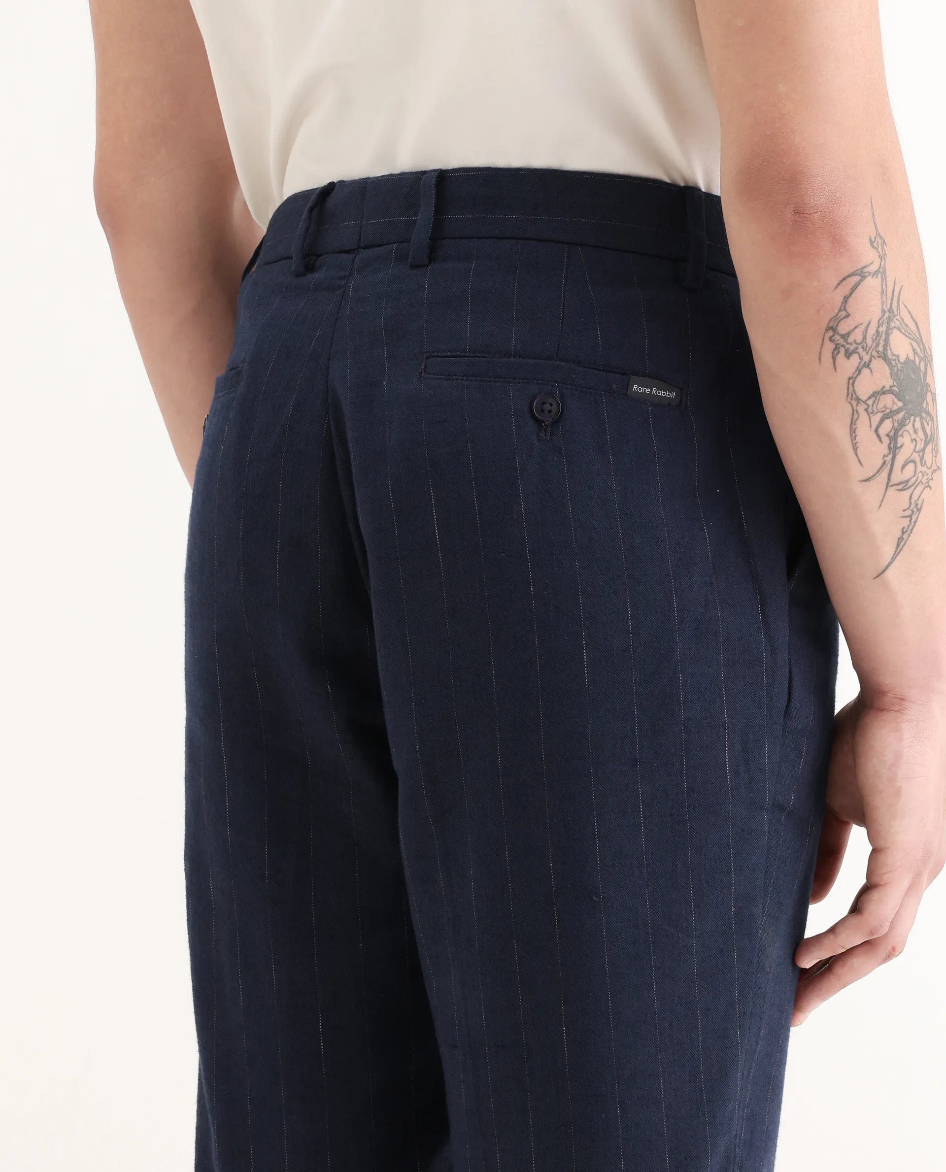 Rare Rabbit Men's Jlo Blue Cotton Blend Striped Print Relaxed Fit Trouser