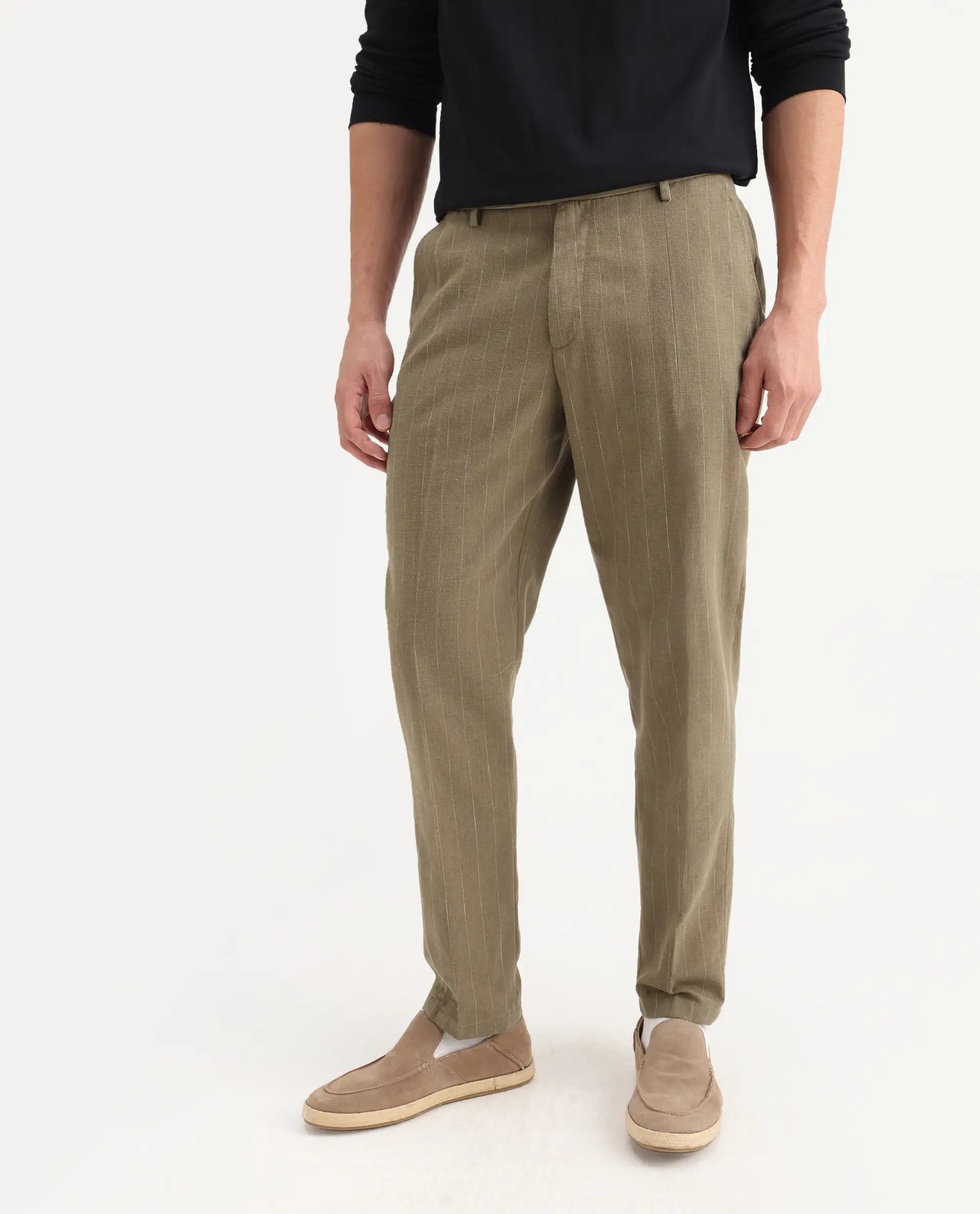Rare Rabbit Men's Jlo Khaki Cotton Blend Striped Print Relaxed Fit Trouser