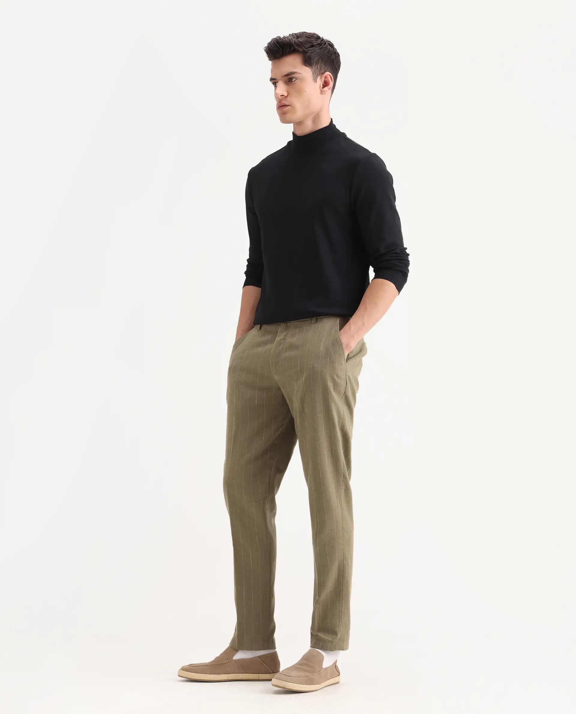 Rare Rabbit Men's Jlo Khaki Cotton Blend Striped Print Relaxed Fit Trouser