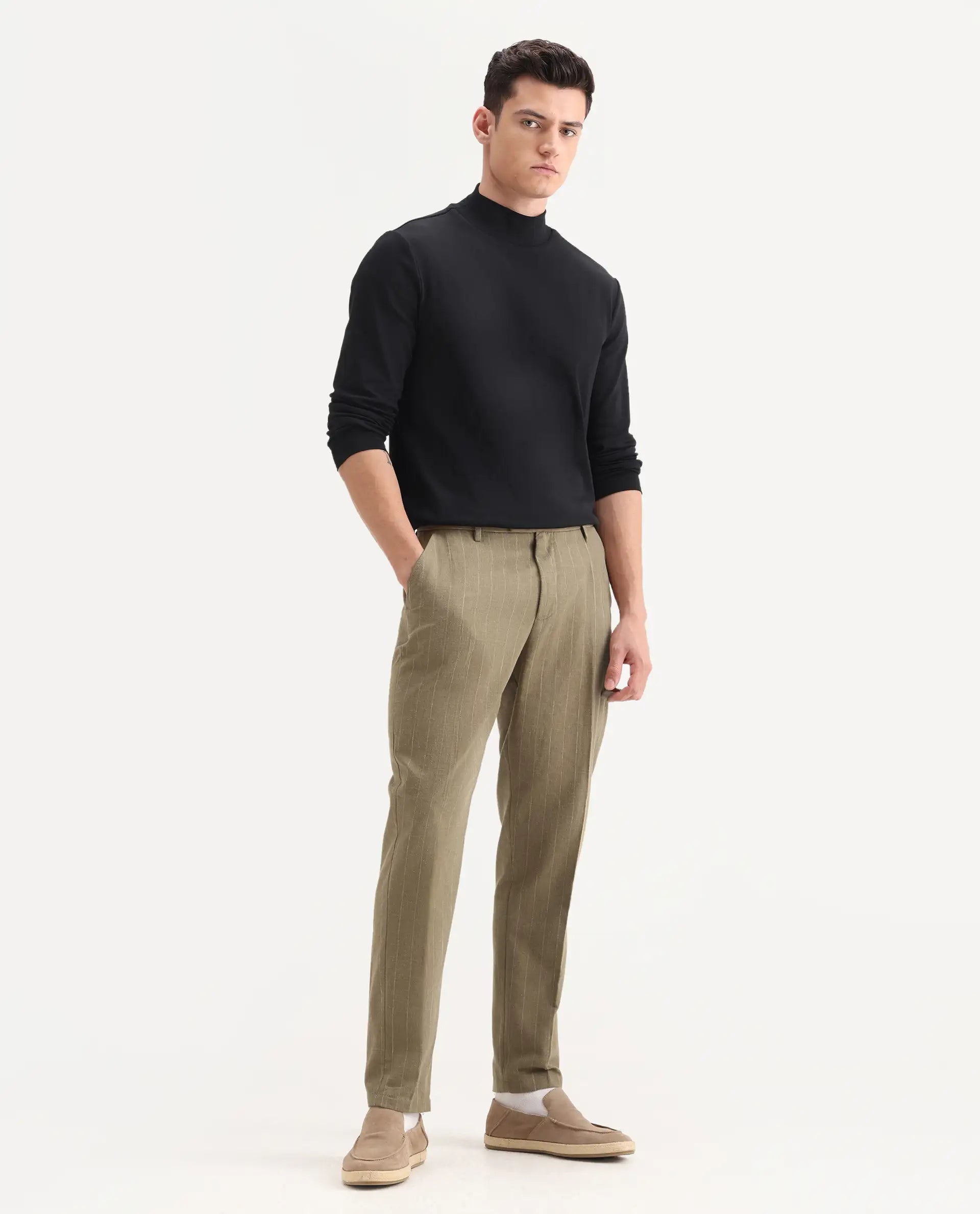 Rare Rabbit Men's Jlo Khaki Cotton Blend Striped Print Relaxed Fit Trouser