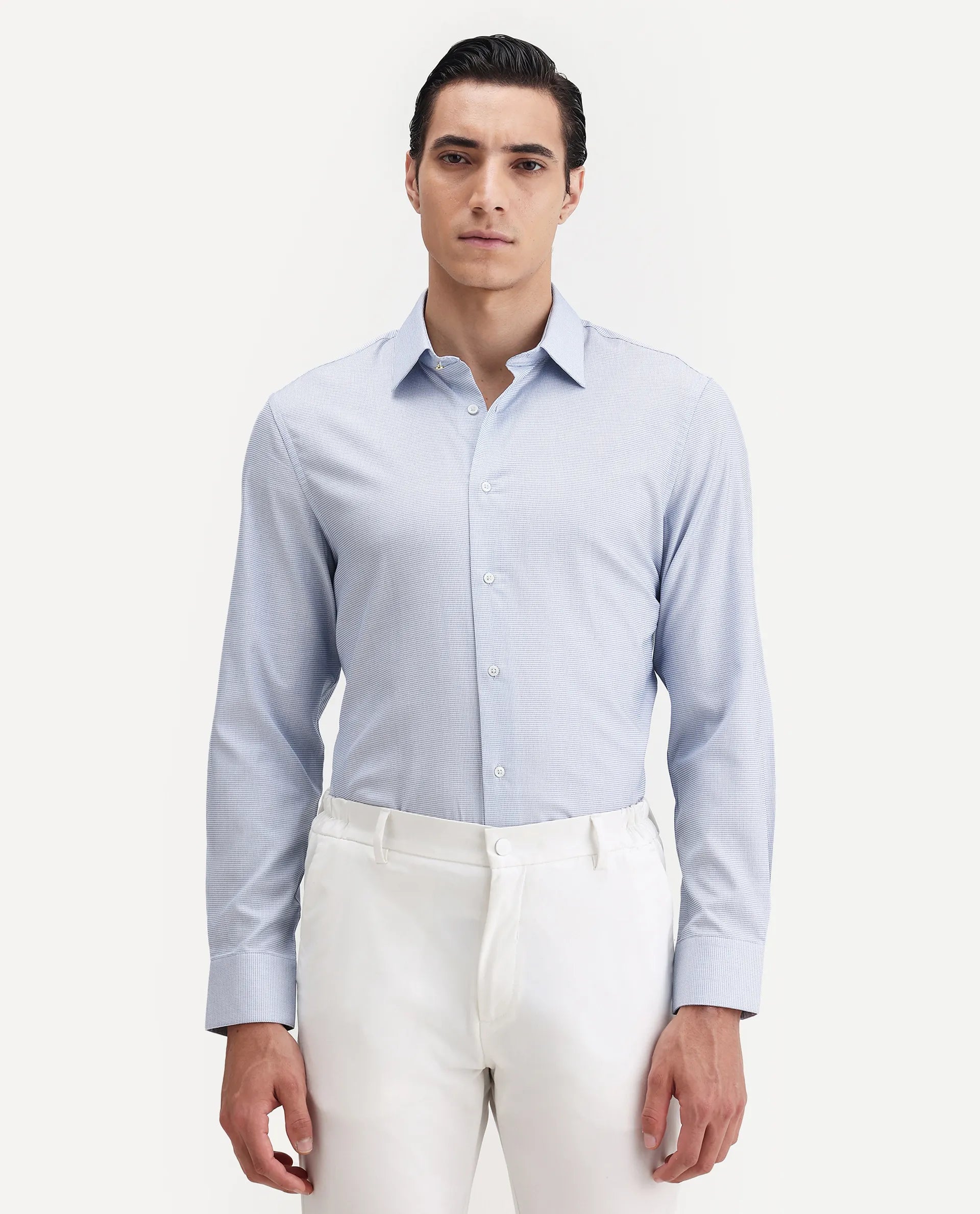 Rare Rabbit Men's Jnby Light Blue Cotton Plain Regular Fit Full Sleeve Collared Shirt