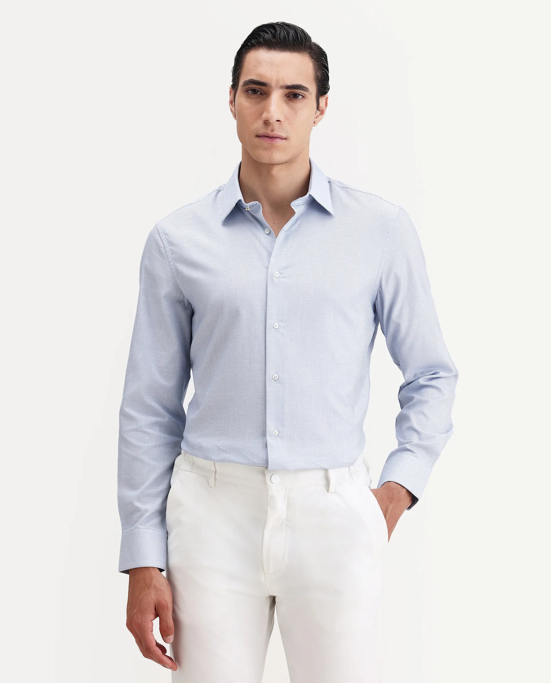 Rare Rabbit Men's Jnby Light Blue Cotton Plain Regular Fit Full Sleeve Collared Shirt