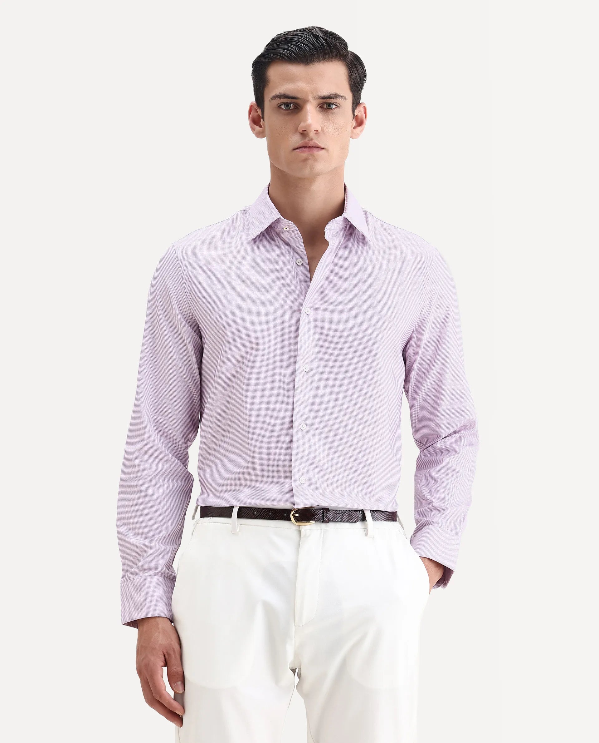 Rare Rabbit Men's Jnby Light Pink Cotton Plain Regular Fit Full Sleeve Collared Shirt