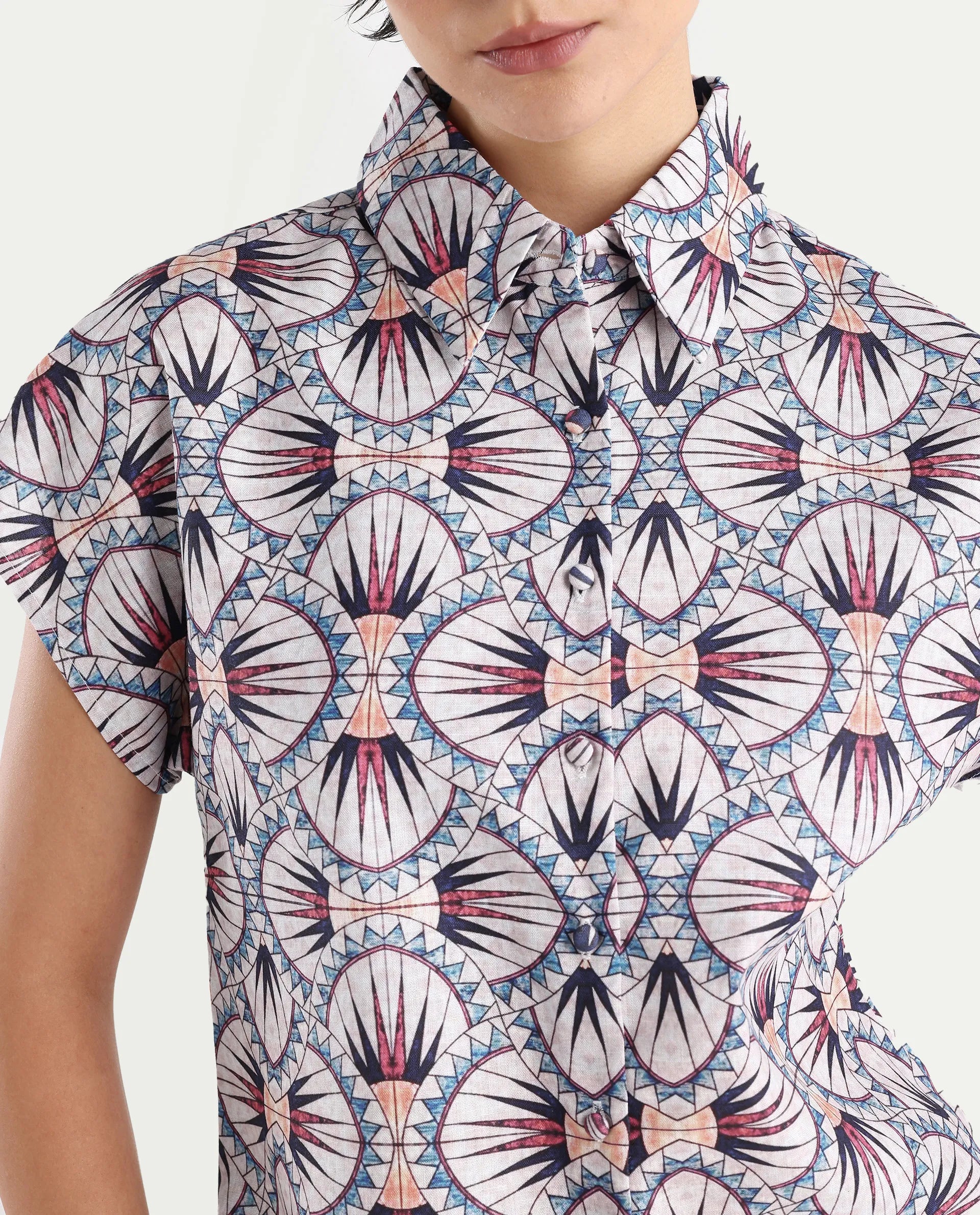 Rareism Women's Joancut Multi Polyester Spread Collar Geometric Print Extended Sleeves Regular Fit Top