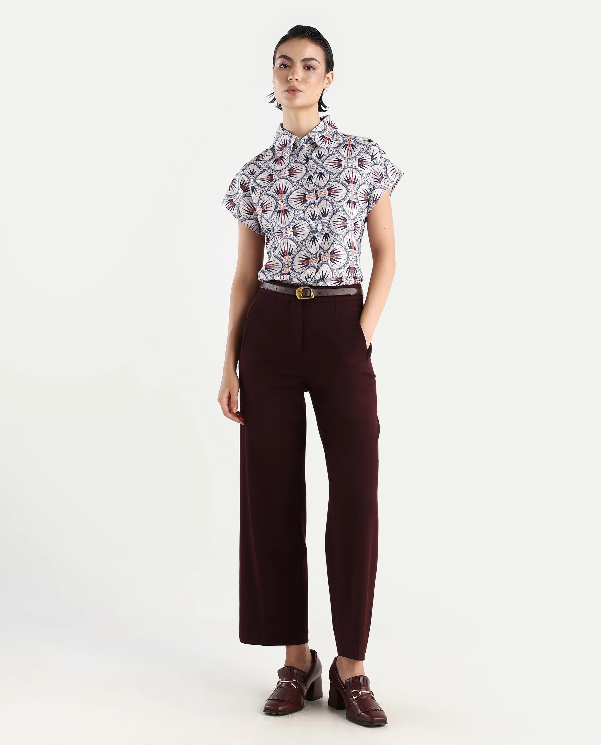 Rareism Women's Joancut Multi Polyester Spread Collar Geometric Print Extended Sleeves Regular Fit Top