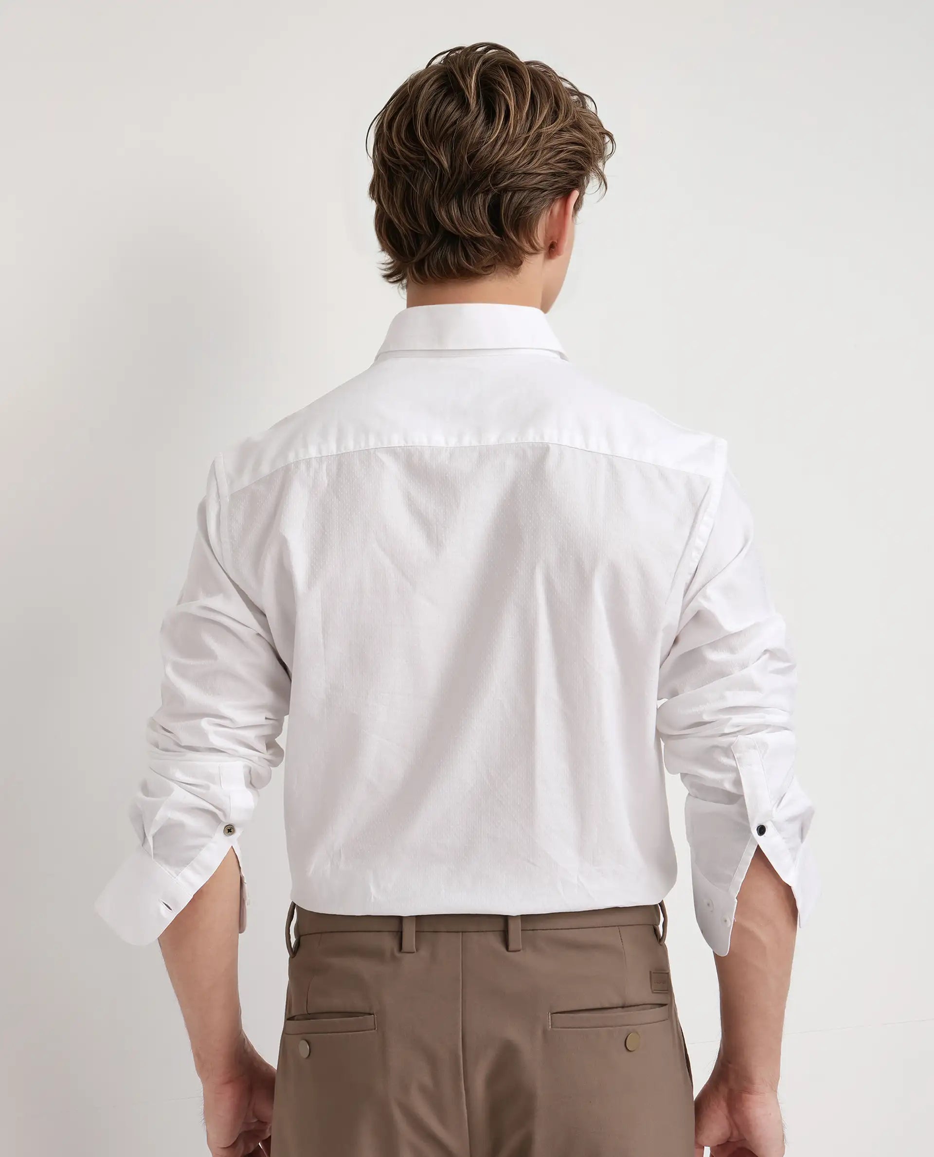 Rare Rabbit Men's Joan White Cotton Fabric Full Sleeve Mandarin Collar Button Closure Plain Shirt