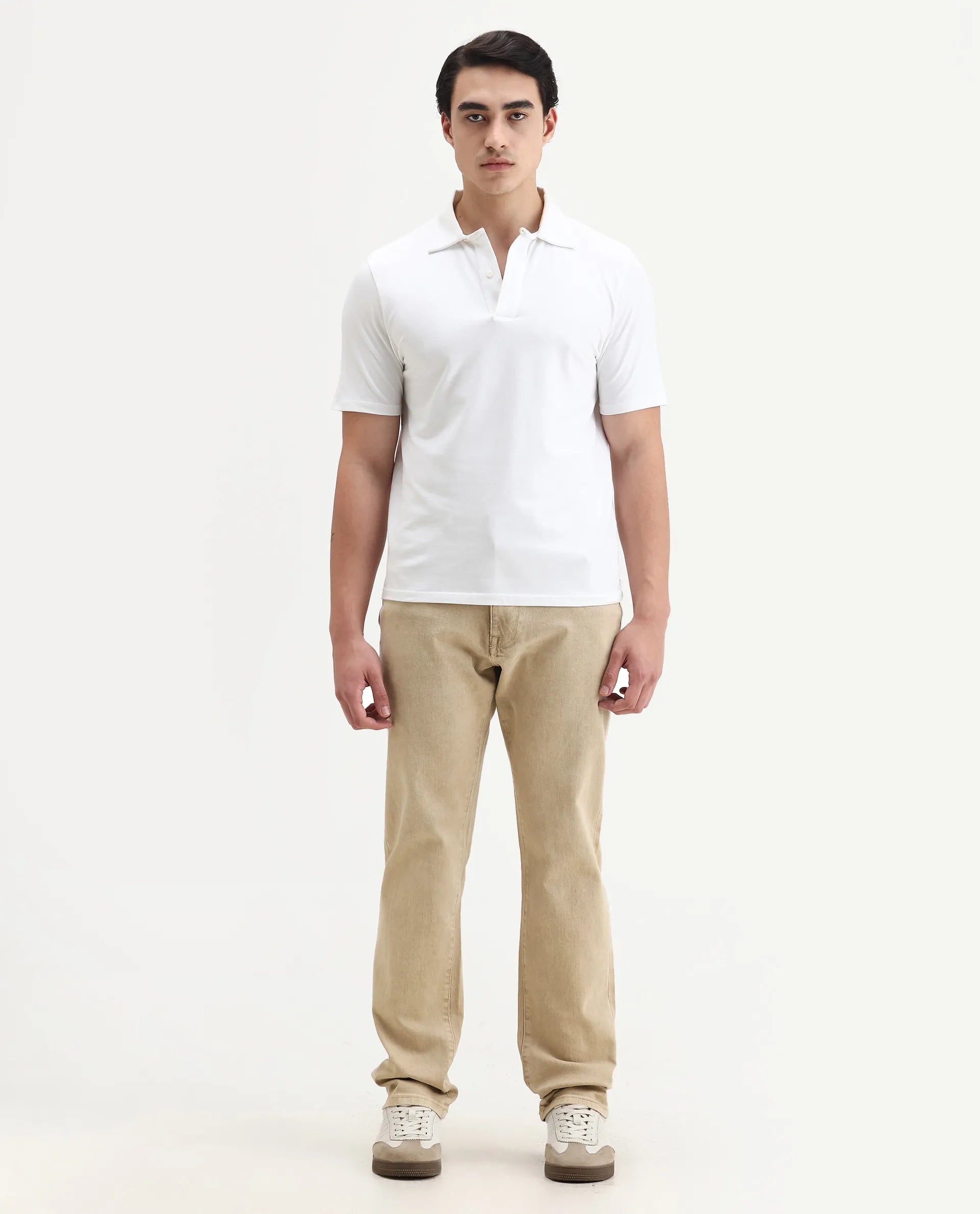 Rare Rabbit Men's Joel-G3 Beige Cotton Blend Fabric Morris Regular Plain Jeans
