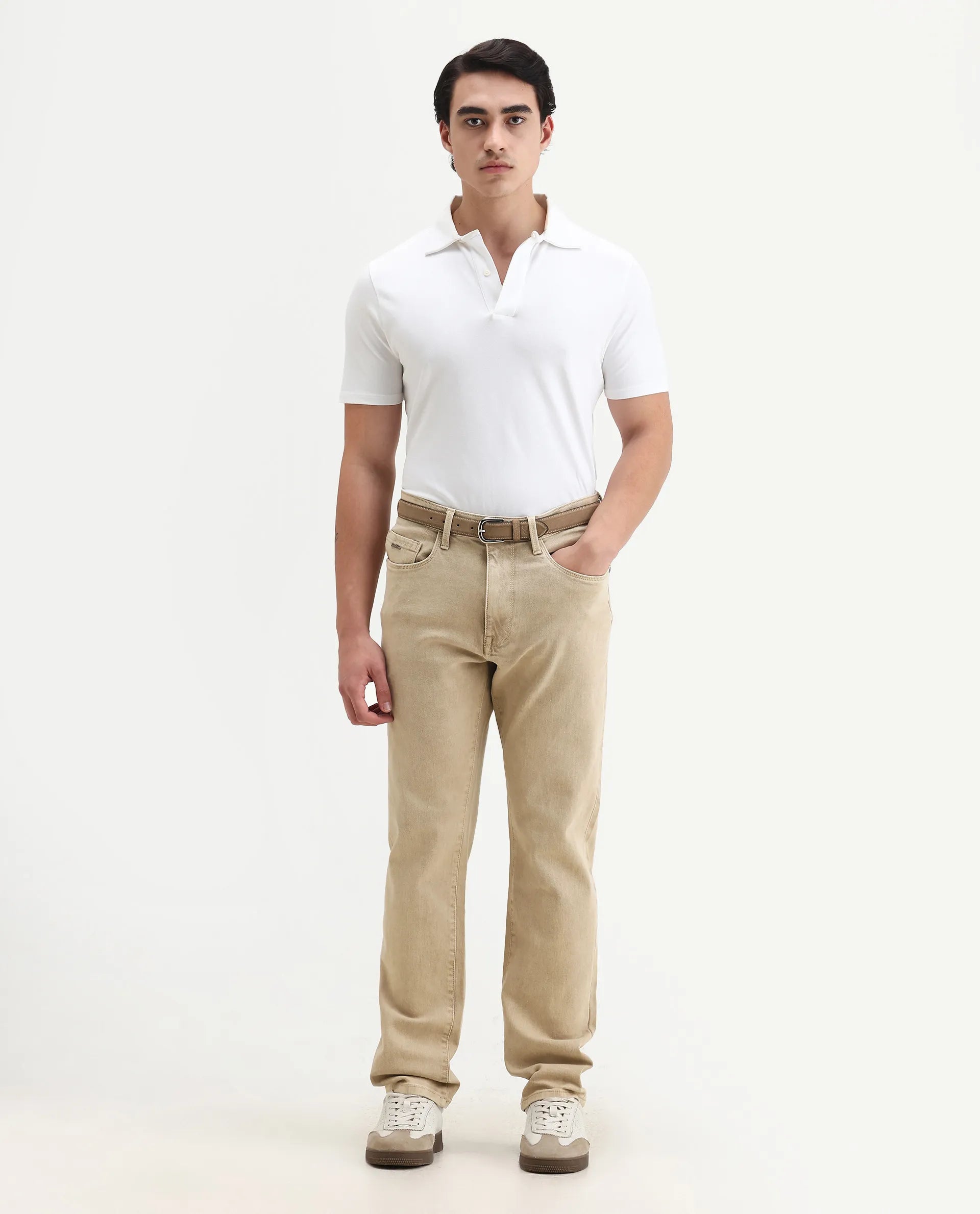 Rare Rabbit Men's Joel-G3 Beige Cotton Blend Fabric Morris Regular Plain Jeans