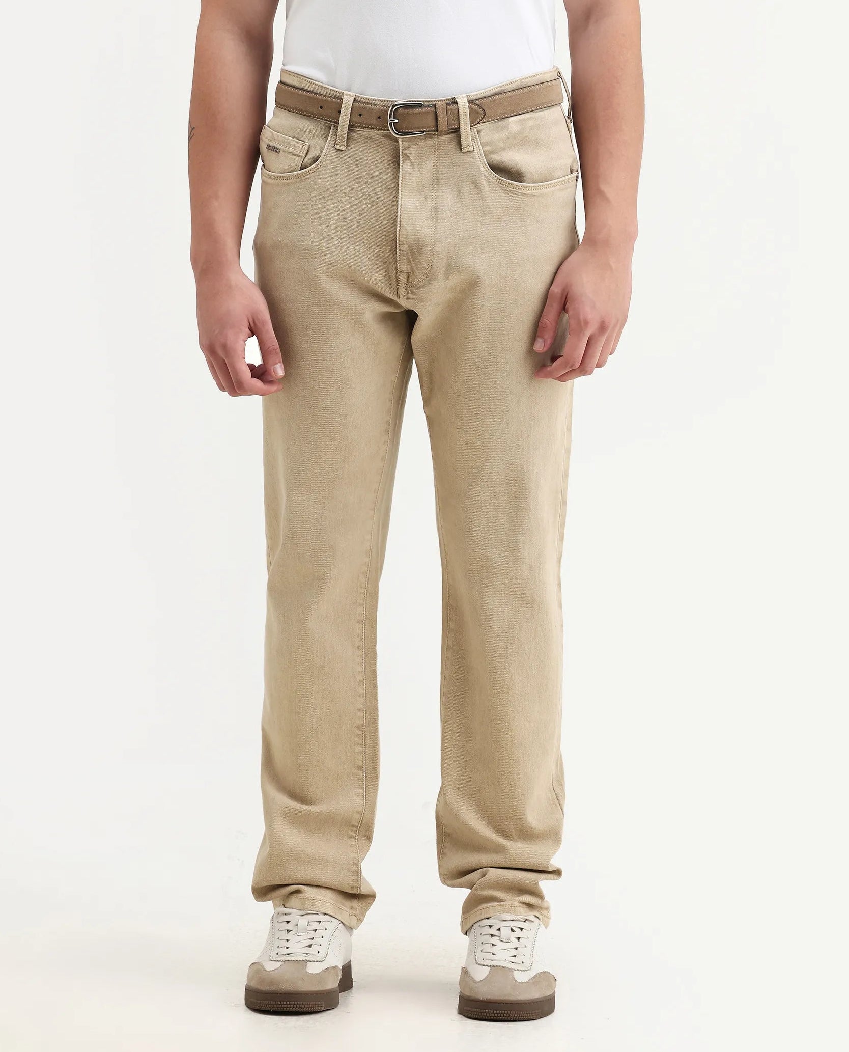 Rare Rabbit Men's Joel-G3 Beige Cotton Blend Fabric Morris Regular Plain Jeans