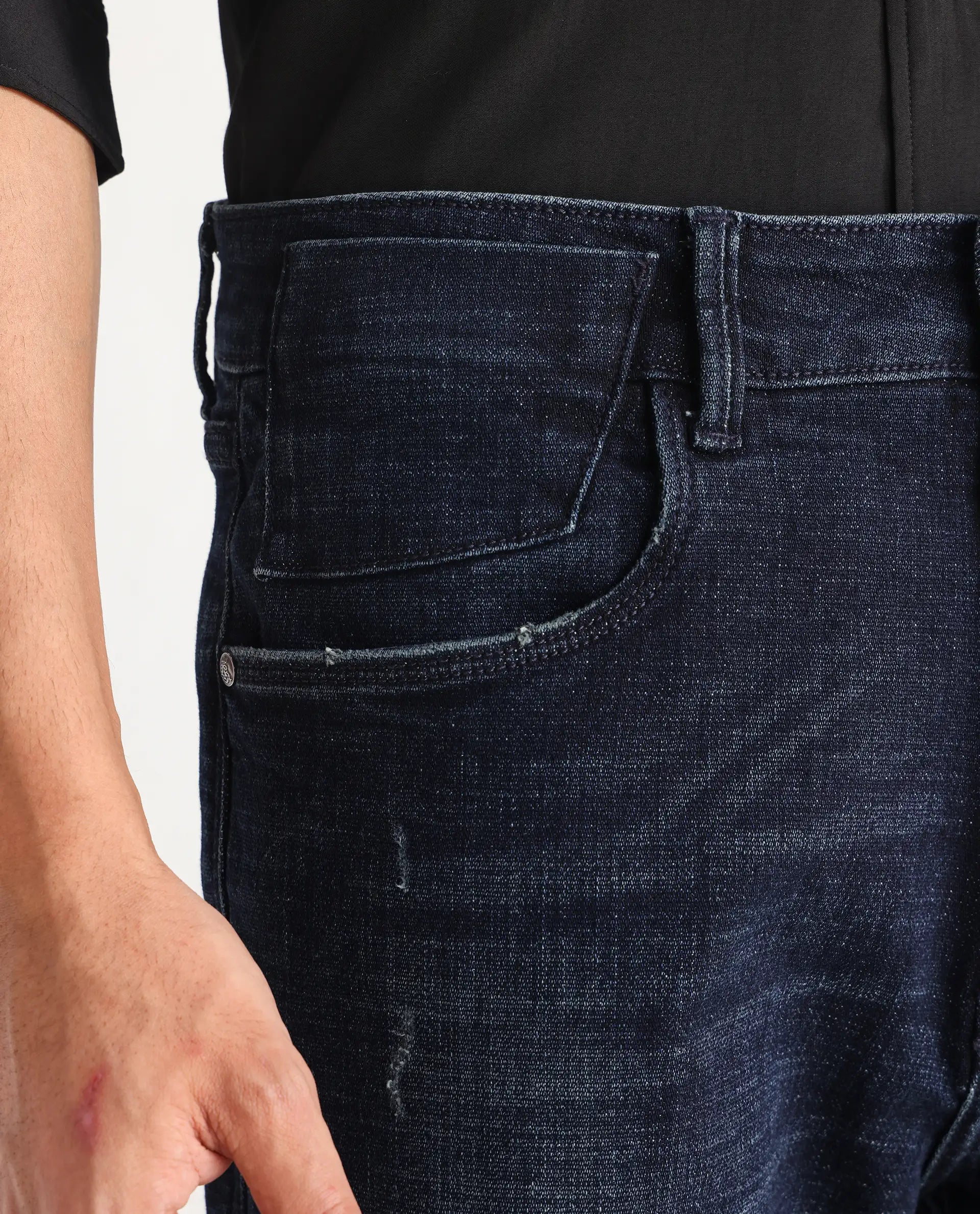 Rare Rabbit Men's Jogg Dark Blue Cotton Blend Plain Morris Regular Fit Jeans