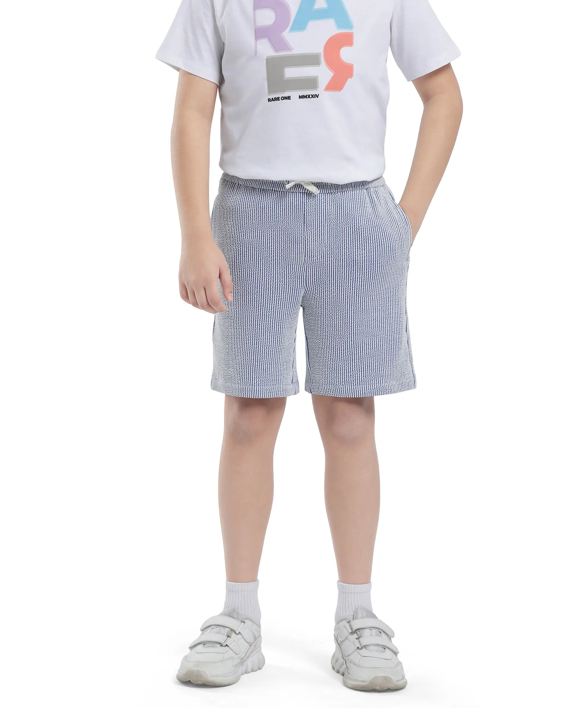 Rare Ones Kids John-B Blue Cotton Blend Striped Drawstring Regular Fit Short