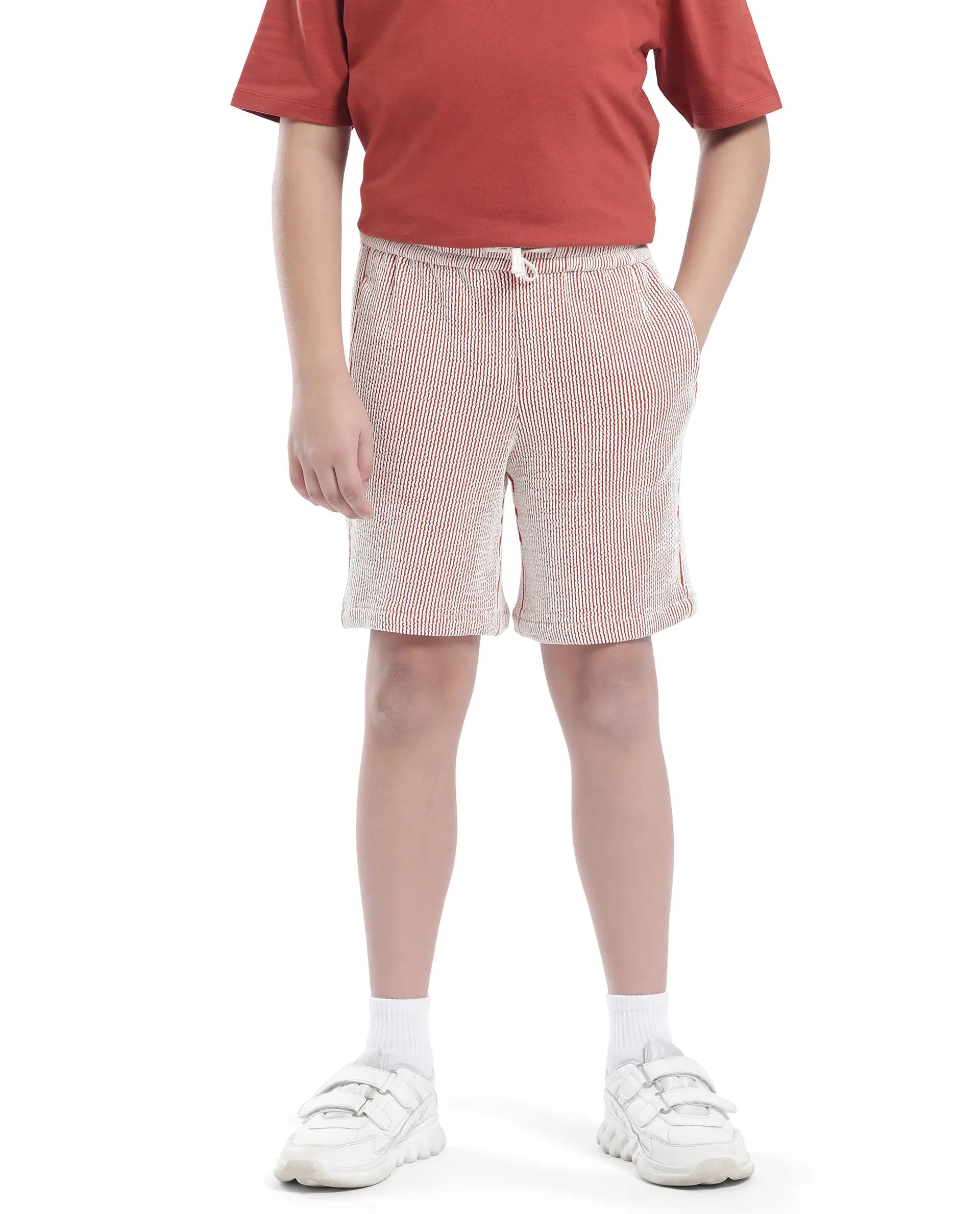 Rare Ones Kids John-B Rust Cotton Blend Striped Drawstring Regular Fit Short