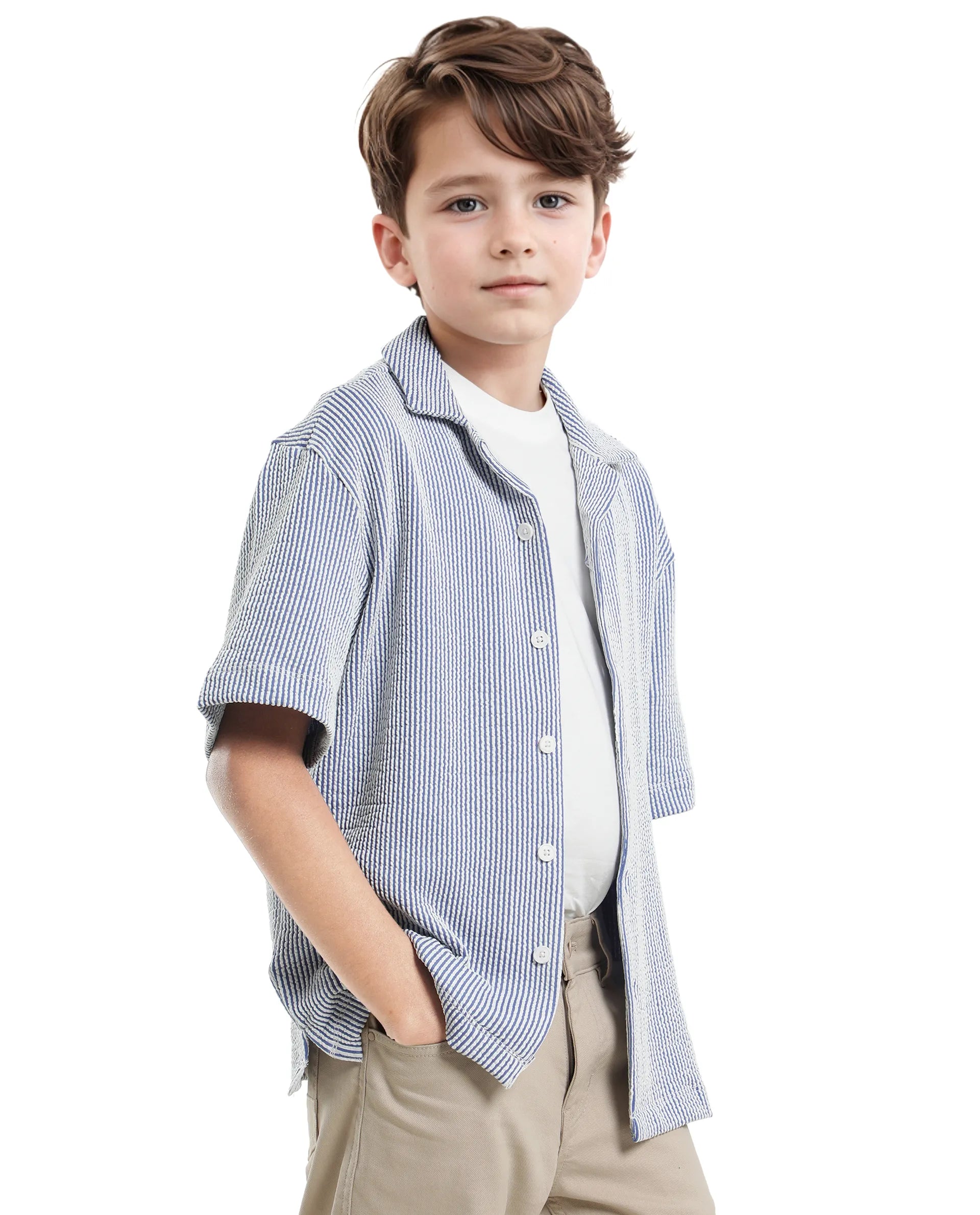 Rare Ones Kids John-S Blue Cotton Blend Short Sleeve Solid Regular Shirt