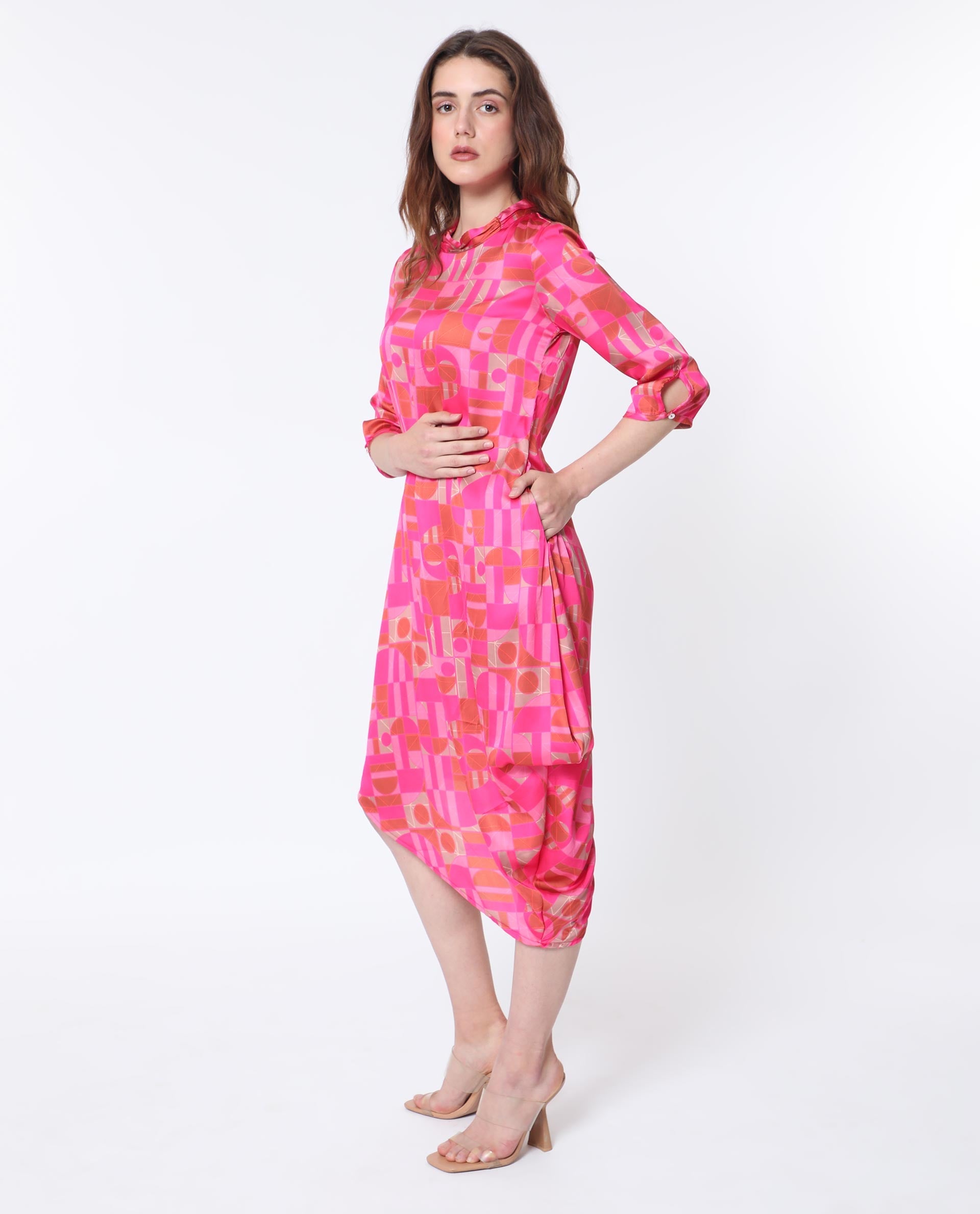 Rareism Women Johnstone Pink Polyester Fabric 3/4Th Sleeves Zip Closure High Neck Slim Fit Geometric Print Knee Length Asymmetric Dress