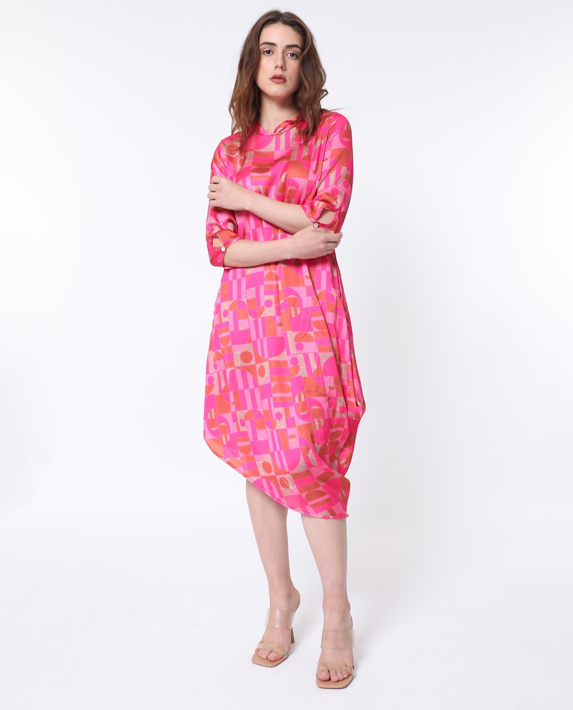 Rareism Women Johnstone Pink Polyester Fabric 3/4Th Sleeves Zip Closure High Neck Slim Fit Geometric Print Knee Length Asymmetric Dress