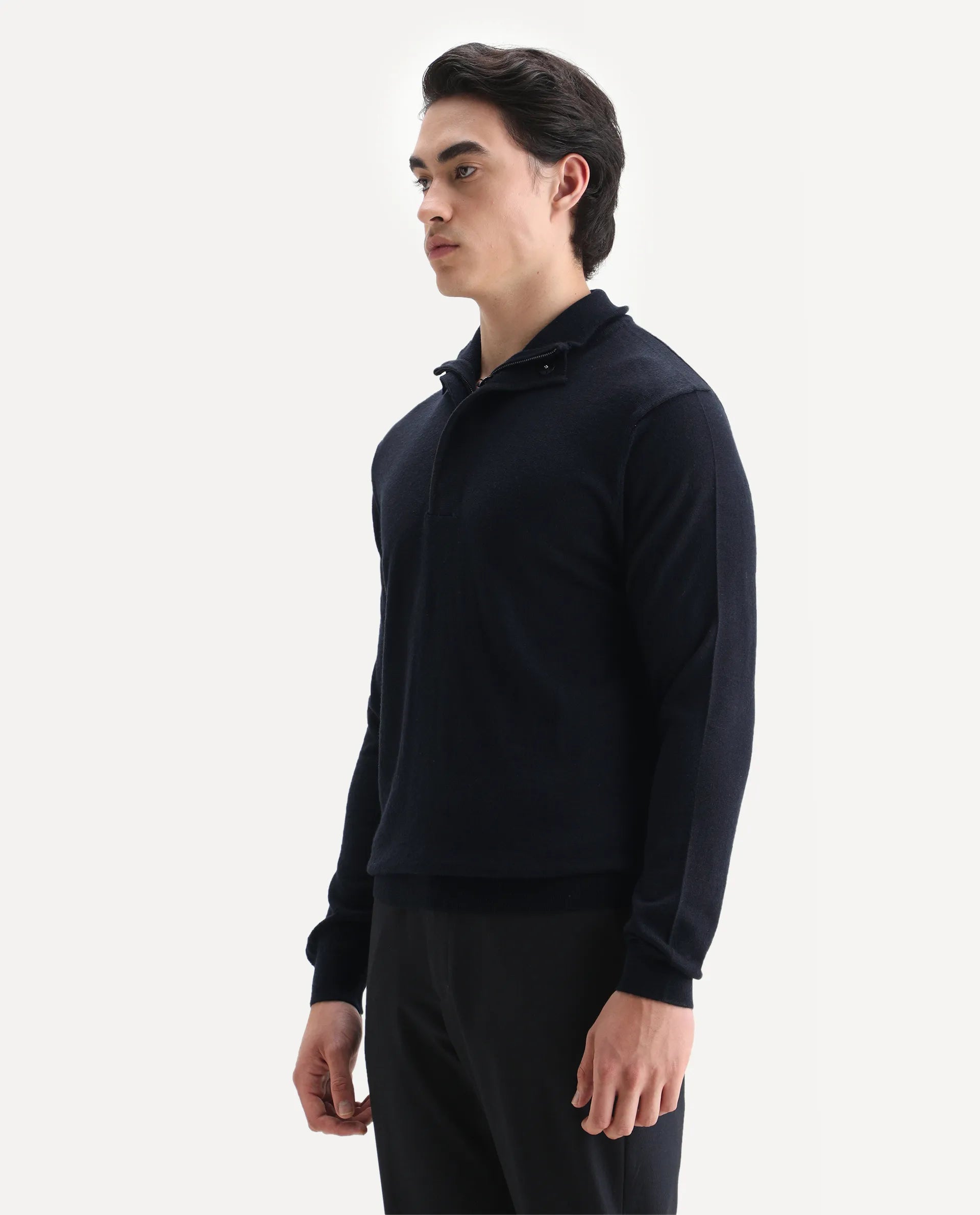 Rare Rabbit Men's Johny Navy Acrylic Plain Regular Fit Full Sleeve Stand Collar Sweater