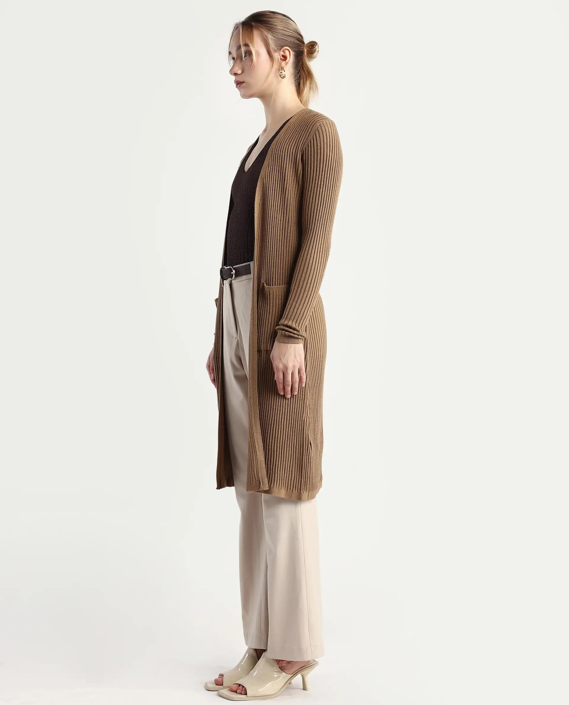 Rareism Women's Joji Dark Beige Acrylic Collarless Regular Fit Plain Shrug