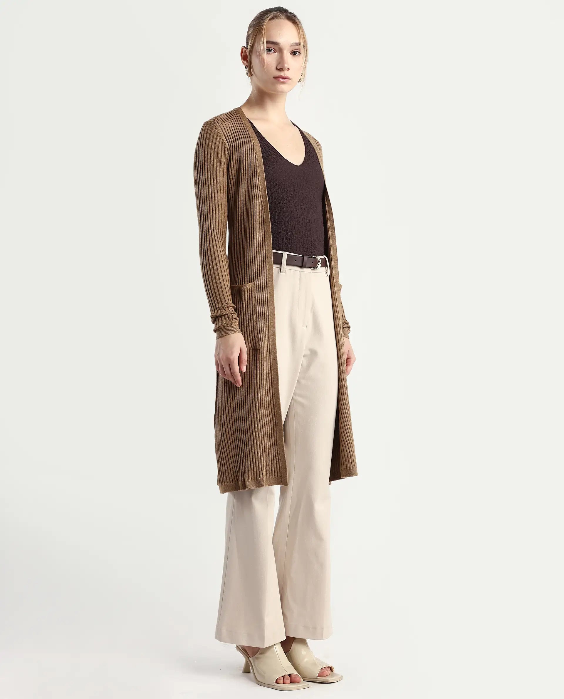 Rareism Women's Joji Dark Beige Acrylic Collarless Regular Fit Plain Shrug