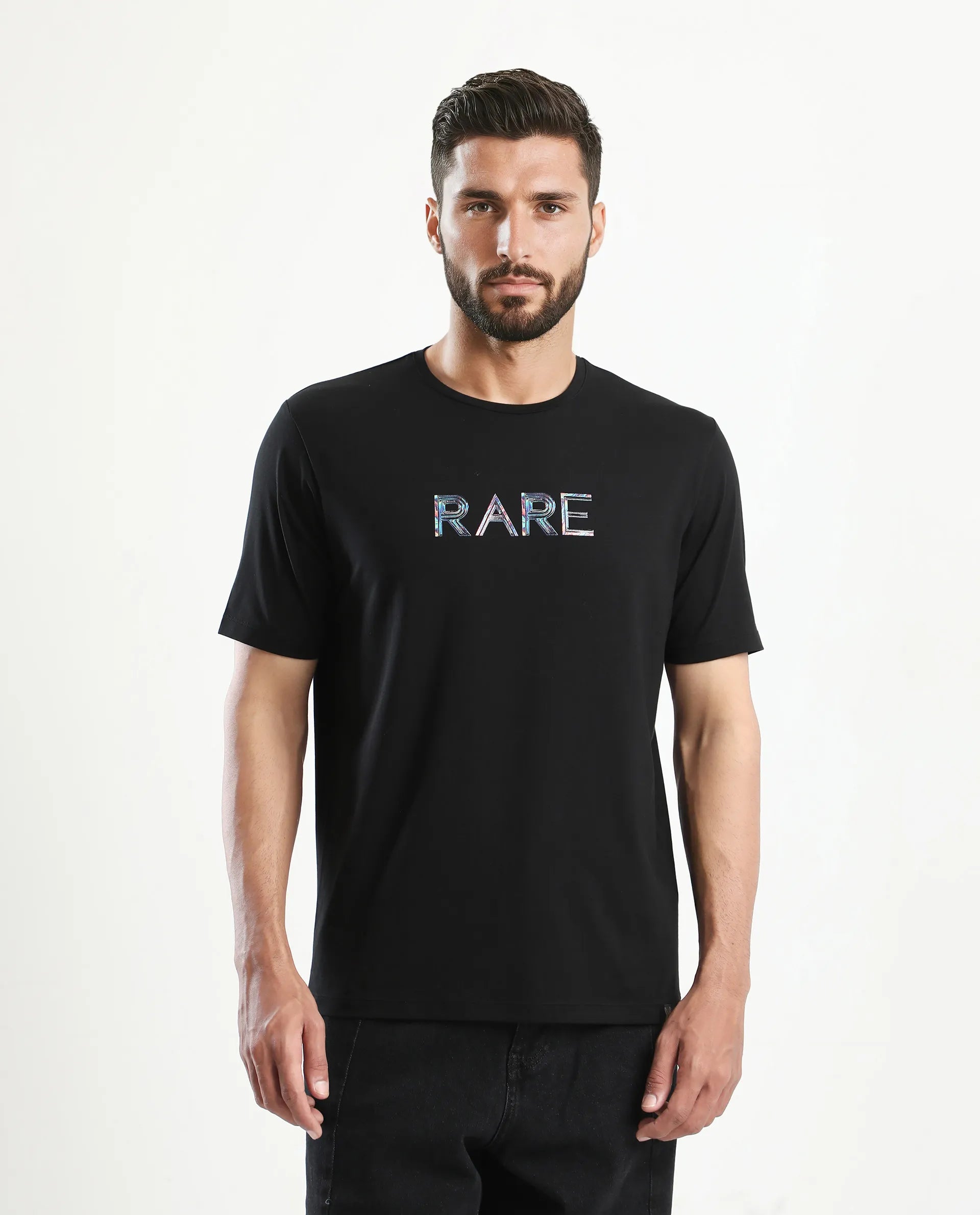 Rare Rabbit Men's Jolt Black Cotton Blend Graphic Print Regular Fit Half Sleeve Crew Neck T-Shirt