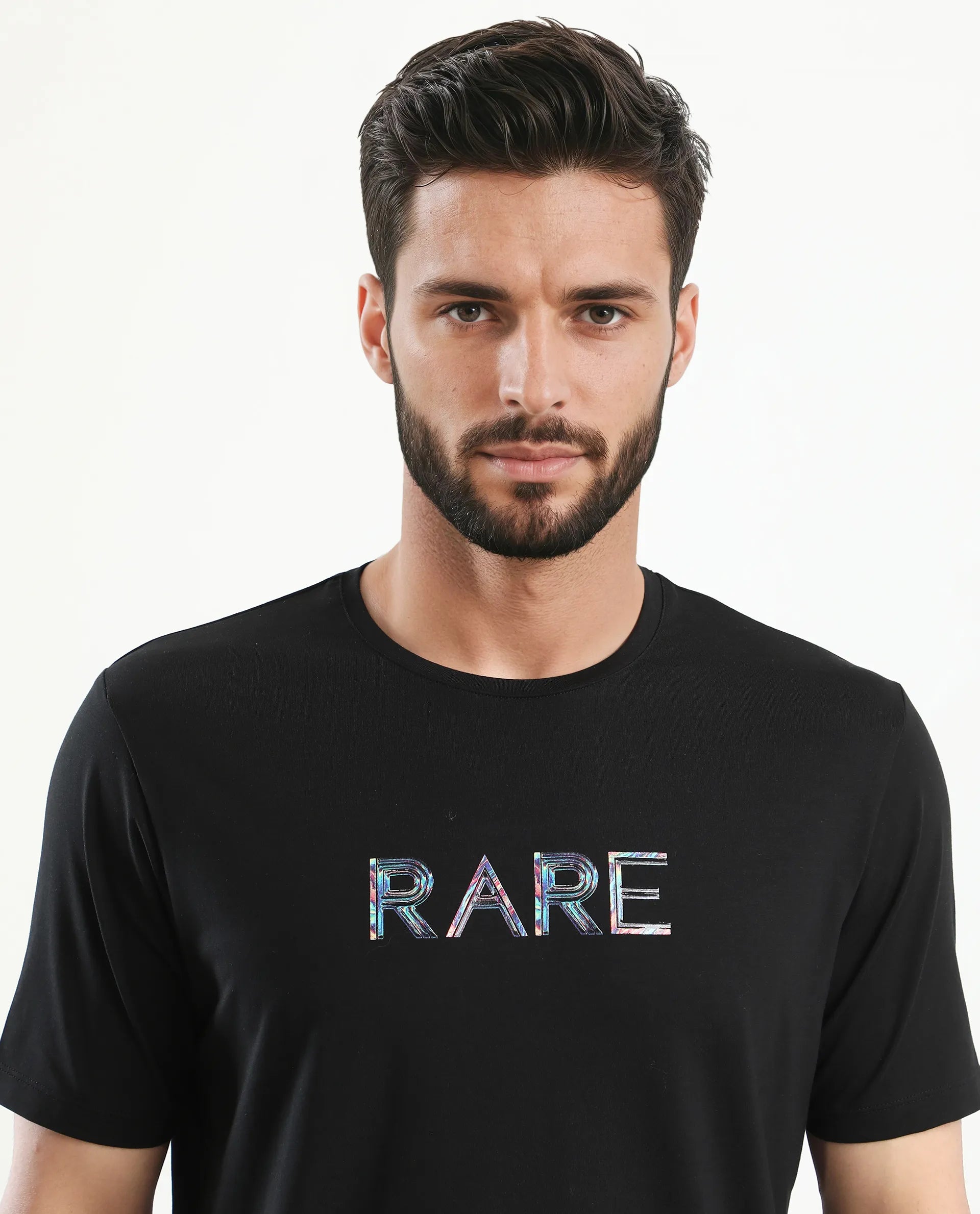 Rare Rabbit Men's Jolt Black Cotton Blend Graphic Print Regular Fit Half Sleeve Crew Neck T-Shirt