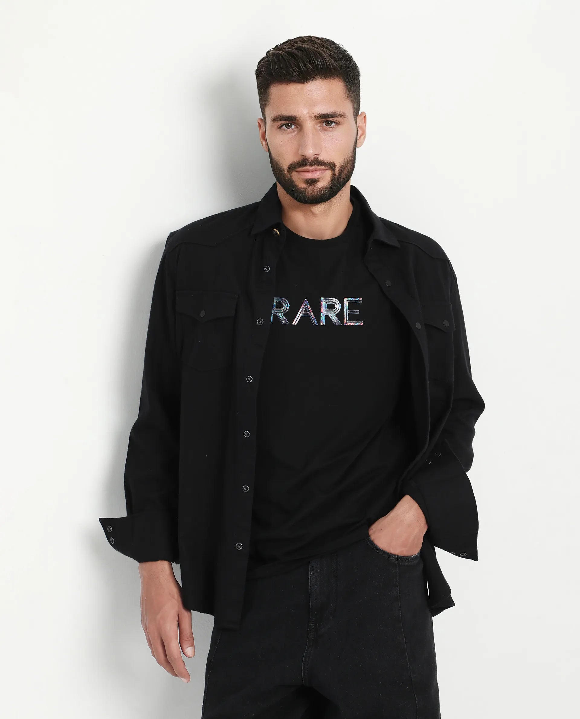 Rare Rabbit Men's Jolt Black Cotton Blend Graphic Print Regular Fit Half Sleeve Crew Neck T-Shirt