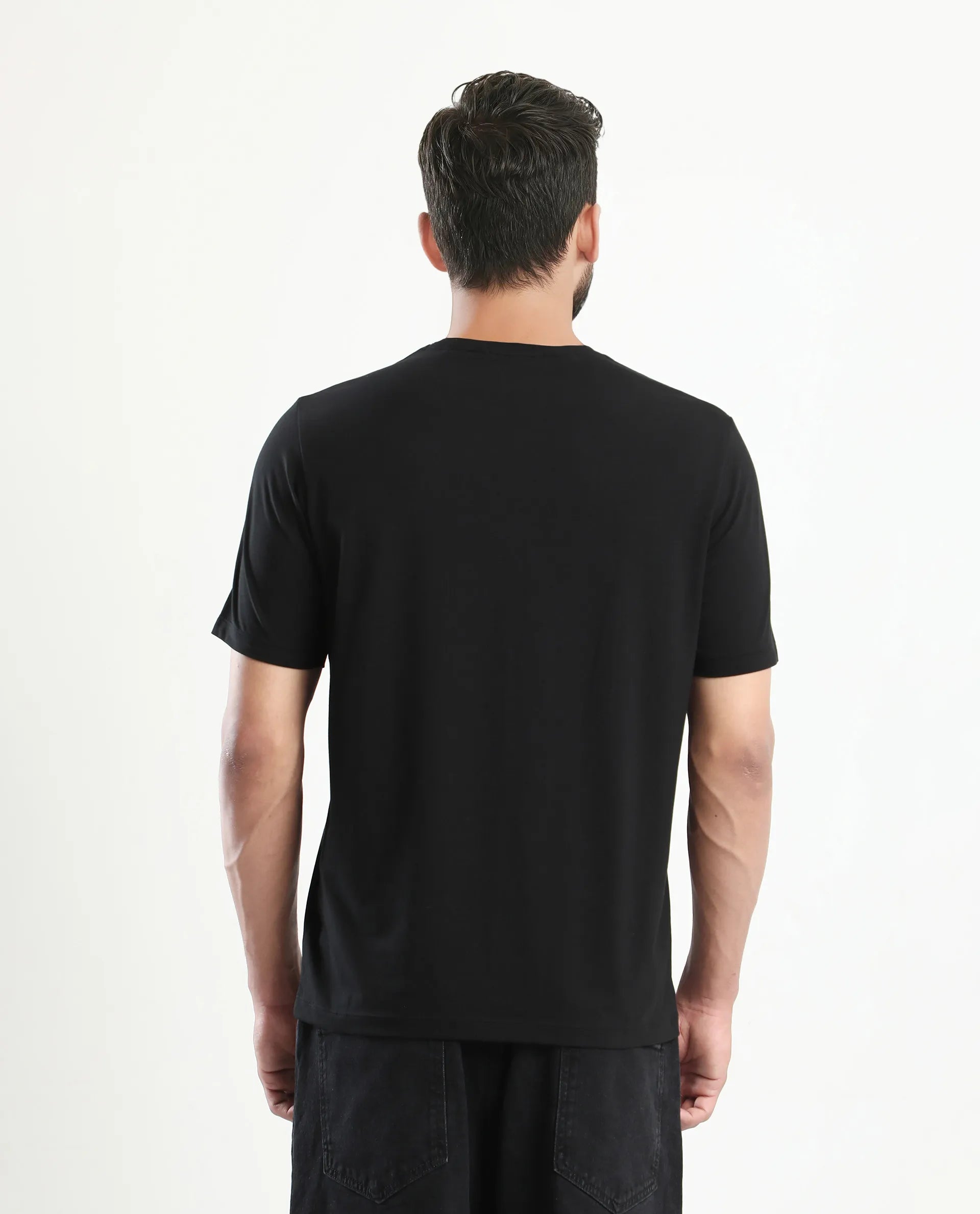 Rare Rabbit Men's Jolt Black Cotton Blend Graphic Print Regular Fit Half Sleeve Crew Neck T-Shirt