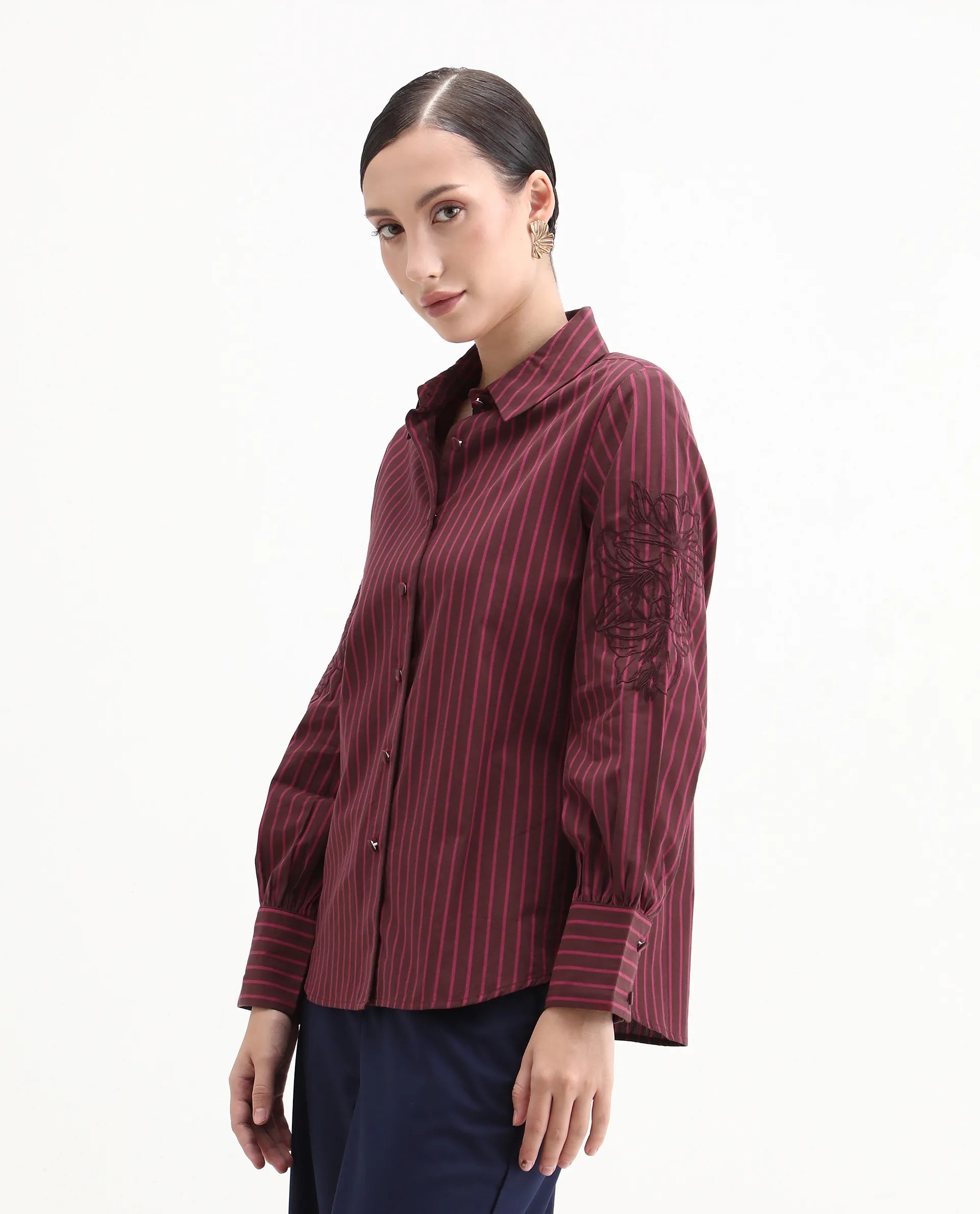 Rareism Women's Jolvo Maroon Cotton Drop Collar Striped Bishop Sleeve Regular Fit Shirt