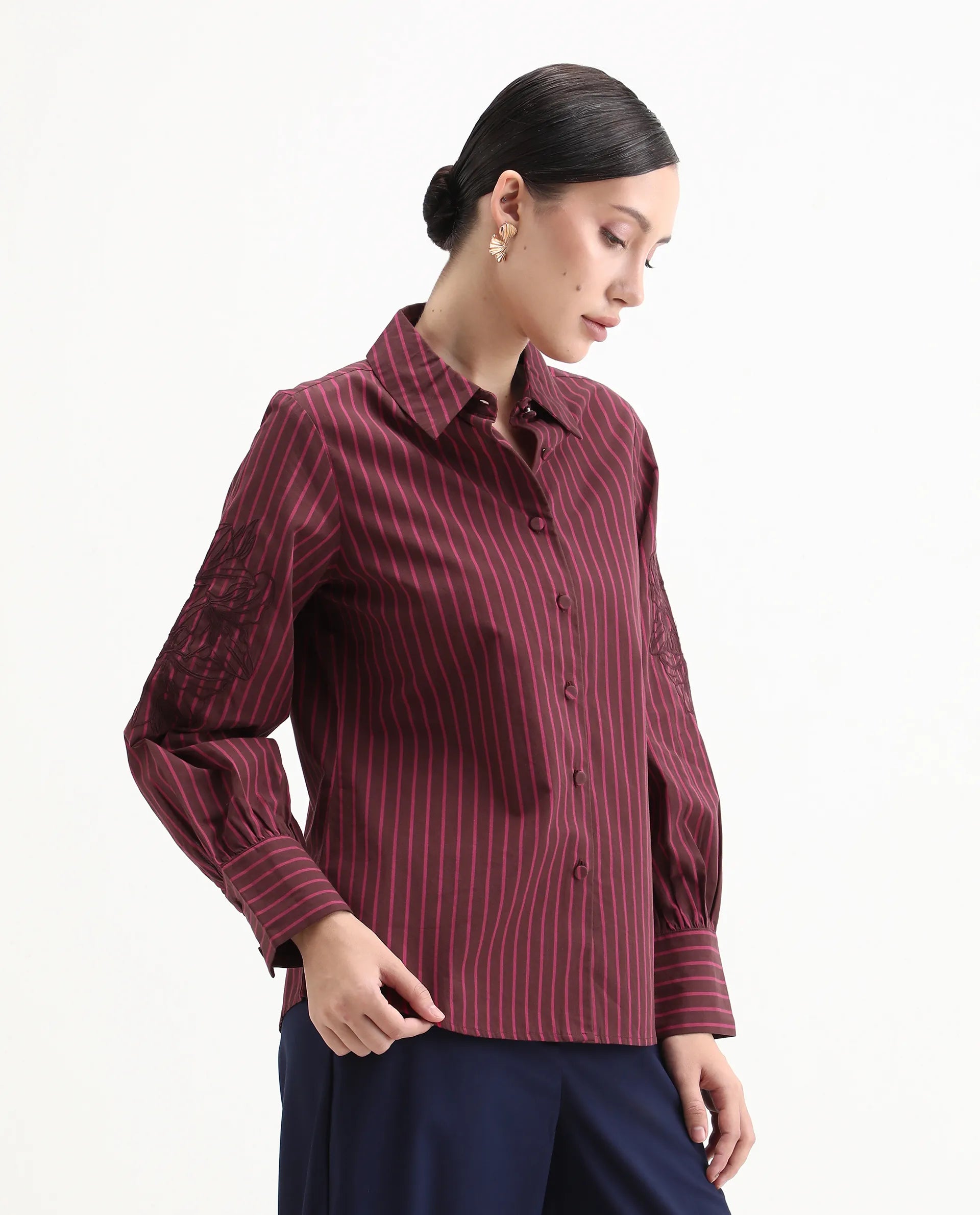 Rareism Women's Jolvo Maroon Cotton Drop Collar Striped Bishop Sleeve Regular Fit Shirt