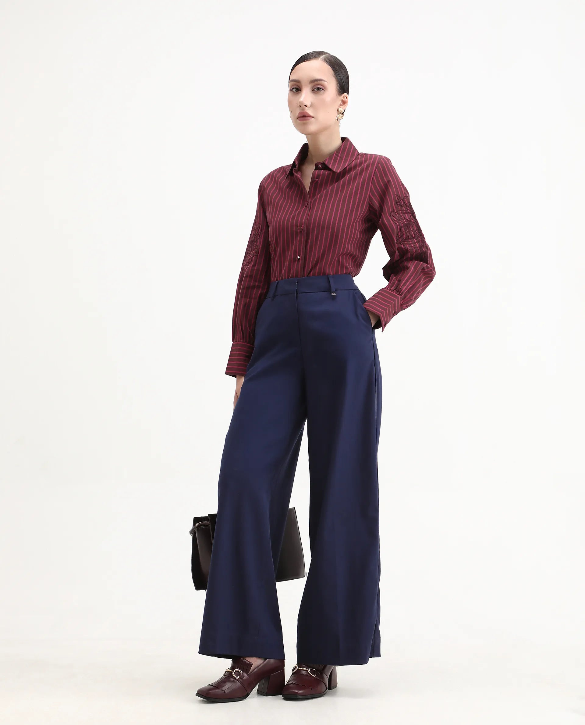 Rareism Women's Jolvo Maroon Cotton Drop Collar Striped Bishop Sleeve Regular Fit Shirt