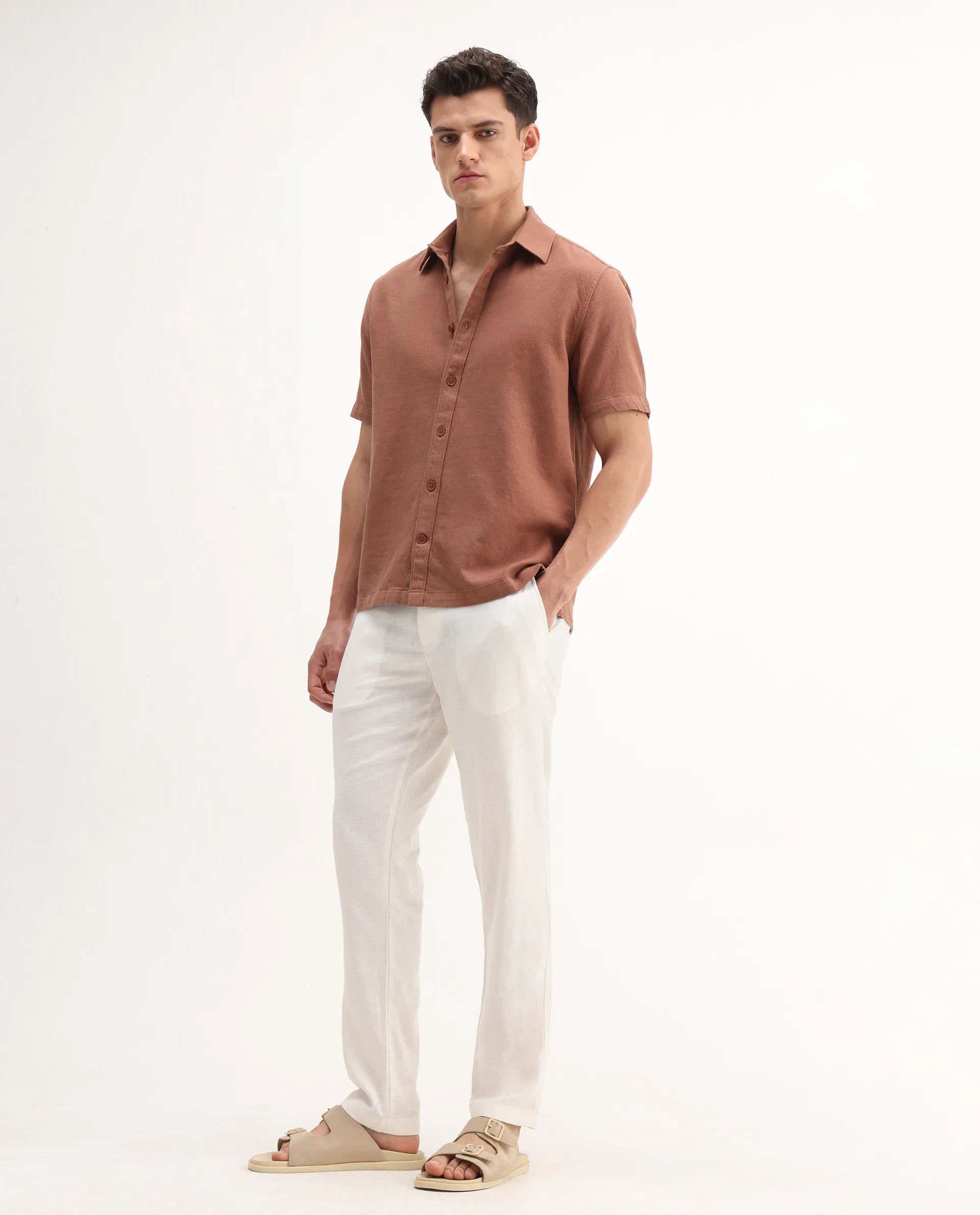 Rare Rabbit Men's Jomo-B White Linen Blend Plain Regular Fit Trouser