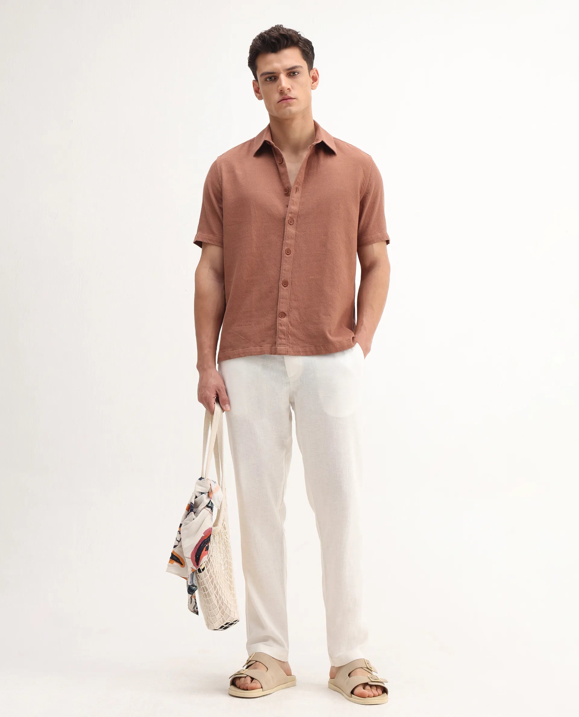 Rare Rabbit Men's Jomo-B White Linen Blend Plain Regular Fit Trouser