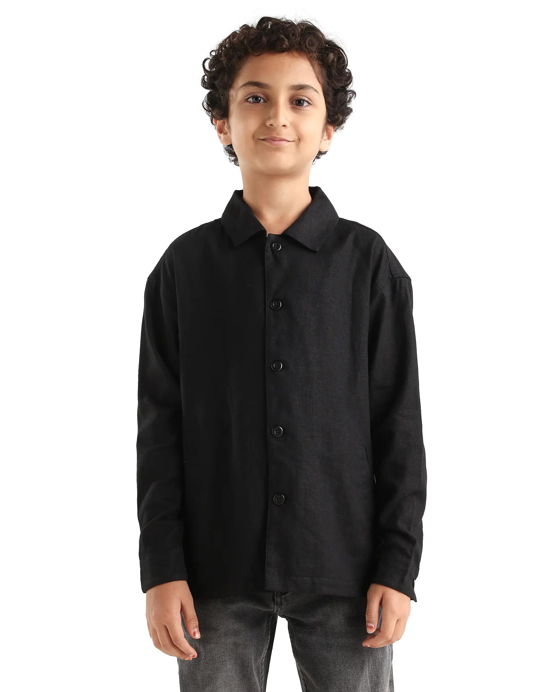 Rare Ones Kids Jomok-T Black Linen Blend Button Closure Flat Collar Plain Full Sleeves Regular Fit Jacket